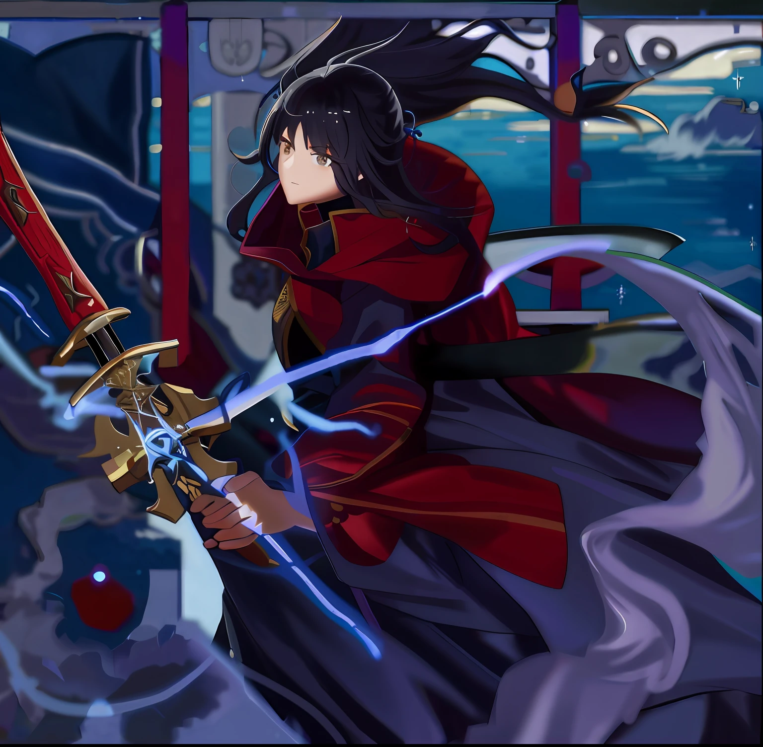 Female swordsman,Robe,Western sword,the ocean