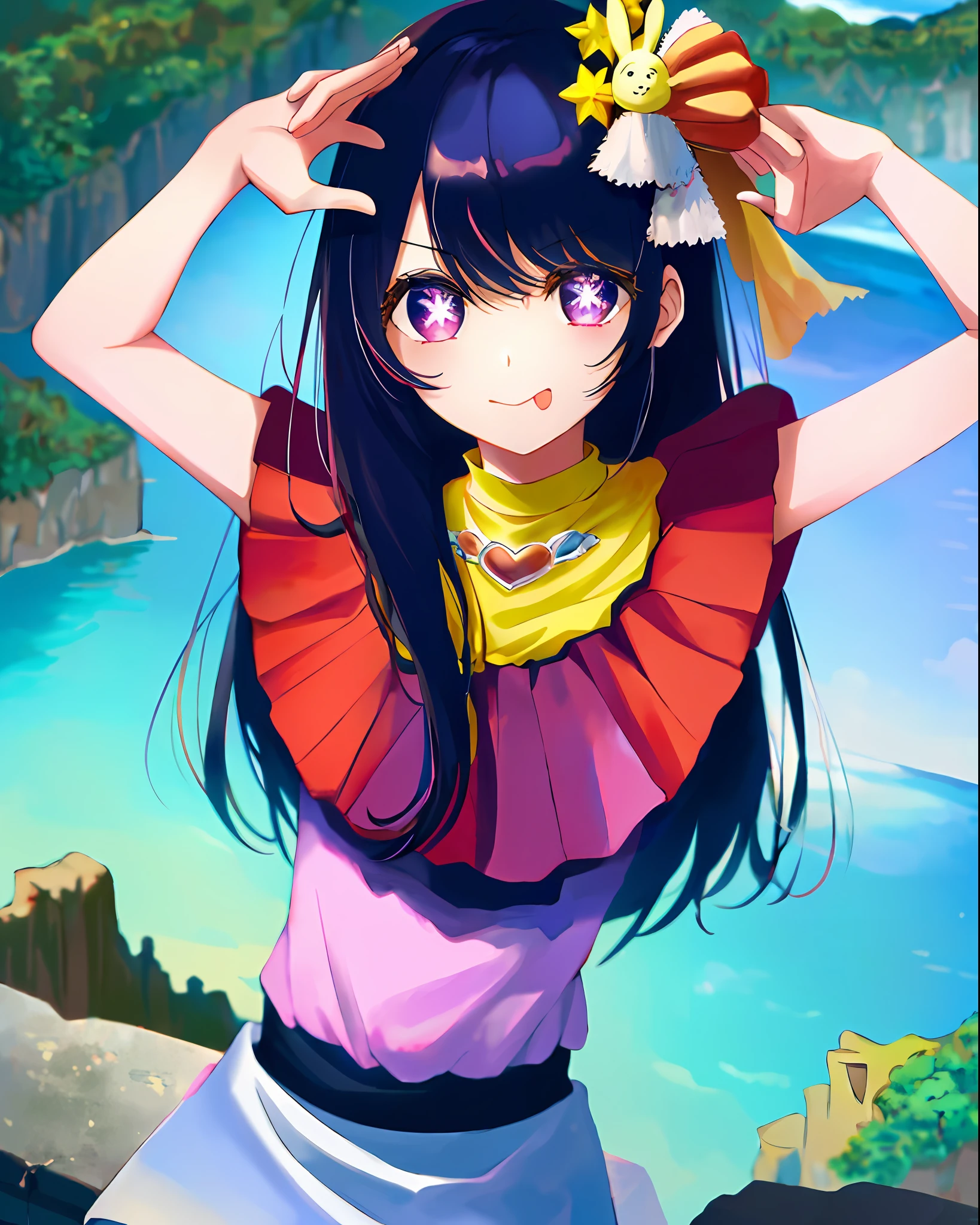 1girl, full body, cowboy shot,
(Rembrandt), illustration, (masterpiece), (best quality), (ultra_detailed), finely detail, (Depth of field),
HshinoAi,gloves, tongue out, tongue, long hair, star \(symbol\), looking at viewer, (purple hair:1.2), purple eyes, upper body, hair ornament, :p, frills, pink shirt, smile, sleeveless, shirt, idol, symbol-shaped pupils, hands up, bangs, one side up, star-shaped pupils, arms up,
dress pull,
Roaring Twenties, isometric, from above, sky, flower, cliff,
