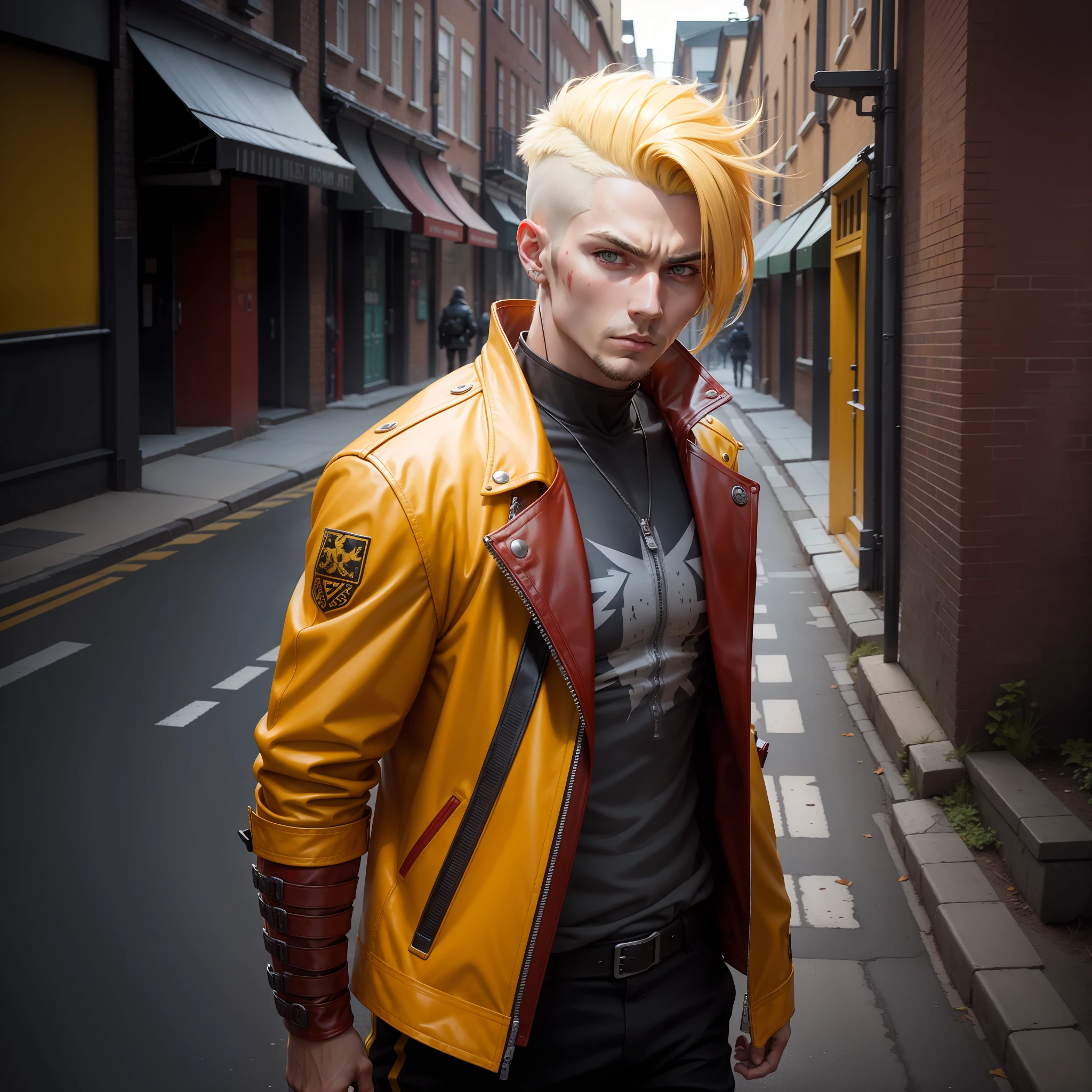 Nordic man standing on the street with undercut haircut and yellow and red leather jacket and hair, Portrait of a Bloody Hunter , Badass anime 8k