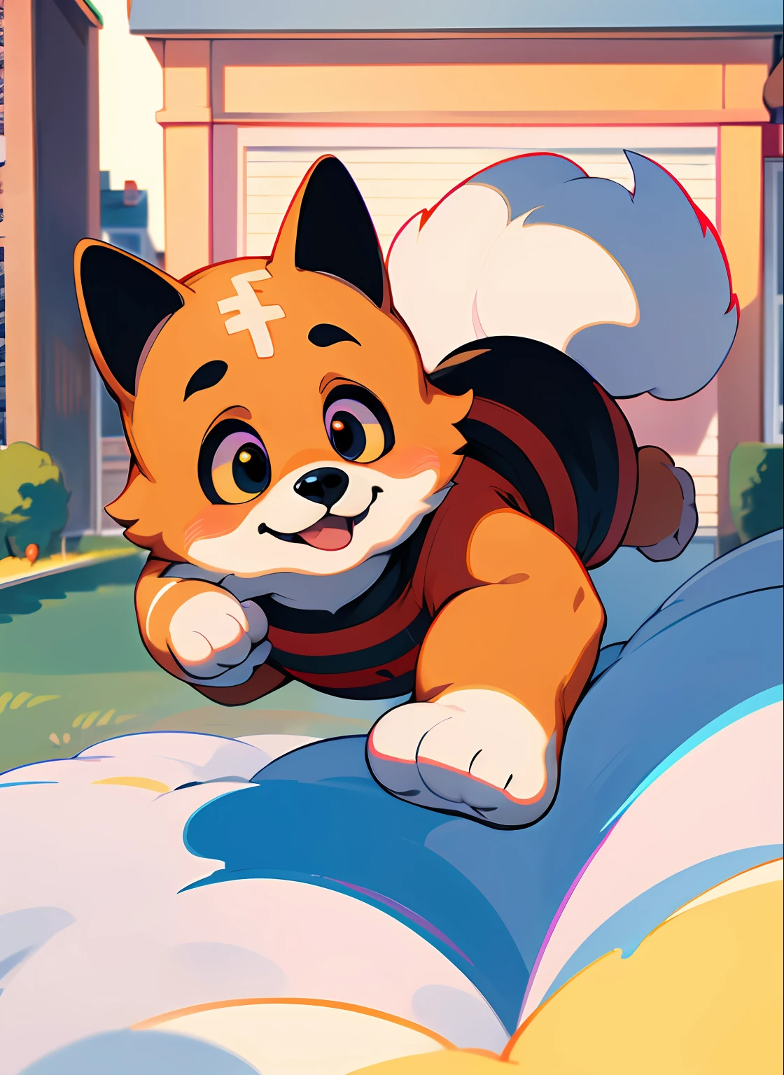 hand-drawn cute dog who is a fireman, big eyes, smile, very fluffy, bright, in front of a house, pro-color grading, 8K