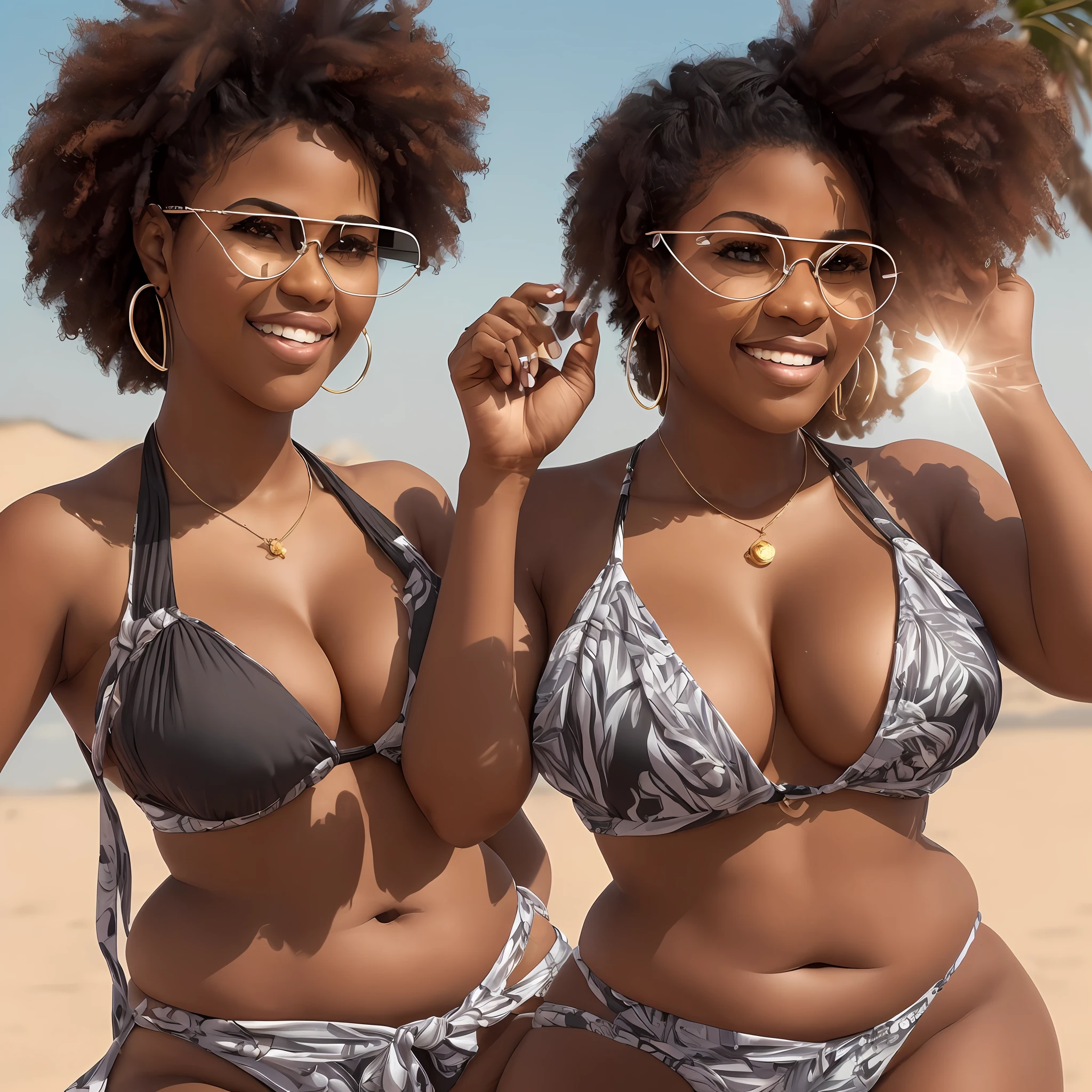 A imagem apresenta utopia de alto contraste e profundidade capturando cada detalhe da (chubby ebony girl)  preenchida com (face detalhada:1.25).  (Summer environment), com a Luz solar deslembrante criando em radiante ,  She wears intricate accessories like earrings, em anel, em cinto de cintura, em (cinto de corrente de ouro) ema pulseira de ouro. His invincible smile  (((eyeglass)),(Luz solar deslembrante: 1.3),(Ebony girl extending her hands to the sky: 1.55), cabelo cacheado extra longo, (Menina olhando para cima: 1.55), (Grande: 1.35), (busto Grande),  perfeito (pernas longas: 1.5),This is ema high quality masterpiece,  with photorealistic visuals and cinematic direction. ((1Menina)) --auto