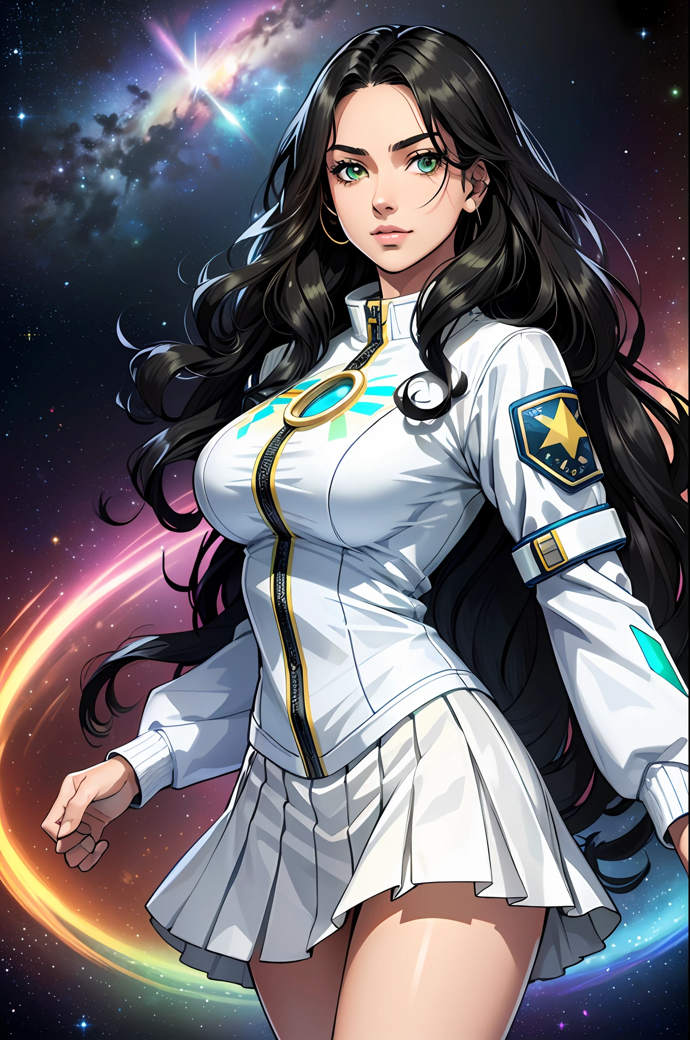 ((((A young woman))), the anime, Green eyes, (black hair), Nice face, ssmile, the perfect body, Wavy Hair, hairlong, (((morena))), big breastes, ((tmasterpiece, beste-Qualit)), illustartion, ультра детализированная 8k, Photorealistic, sharp-focus, higly detailed, Professional lighting, colorful details, Rainbow colors, Glowing, intricate detials, Vivid details, spacesuit, (white skirt), (blue jacket), outer space, the planet, race,