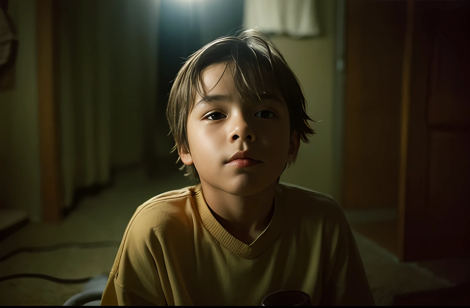 portrait of a boy, take with a fujifilm camera, portra 400, wide angle, inside a hose, sun reflections