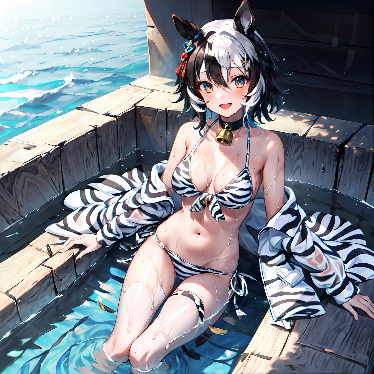 1girl,Solo,Umamusume,Zebra_print,White_eyes,multicolored_hair,messy_hair,(White_hair),Black_hair,Short_hair,Neck_bell,sea,bikini,nsfw,wet,shiny_skin,smile