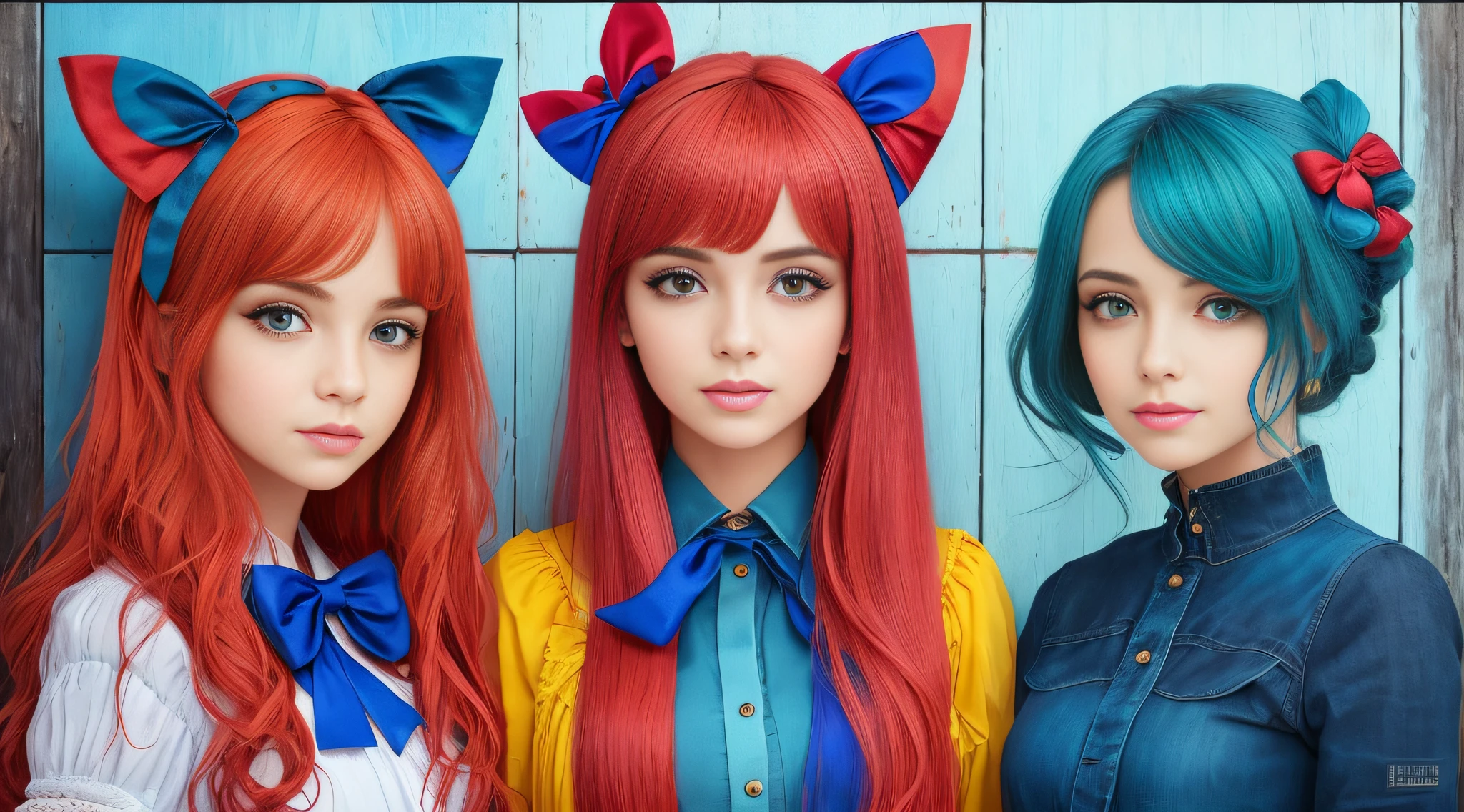 Three girls with red hair and blue bows stand in front of a wall, Perfect Android girl family, menina do cabelo vermelho, cabelos azuis e ruivos, Deusa dos cabelos ruivos, peruca vermelha, menina de cabelos vermelhos, azul ou vermelho, Filhotes vermelhos, Directed by: Bernardino Mei, vermelho e azul, azul e vermelho, cores azuis com detalhes em vermelho, tema azul vermelho