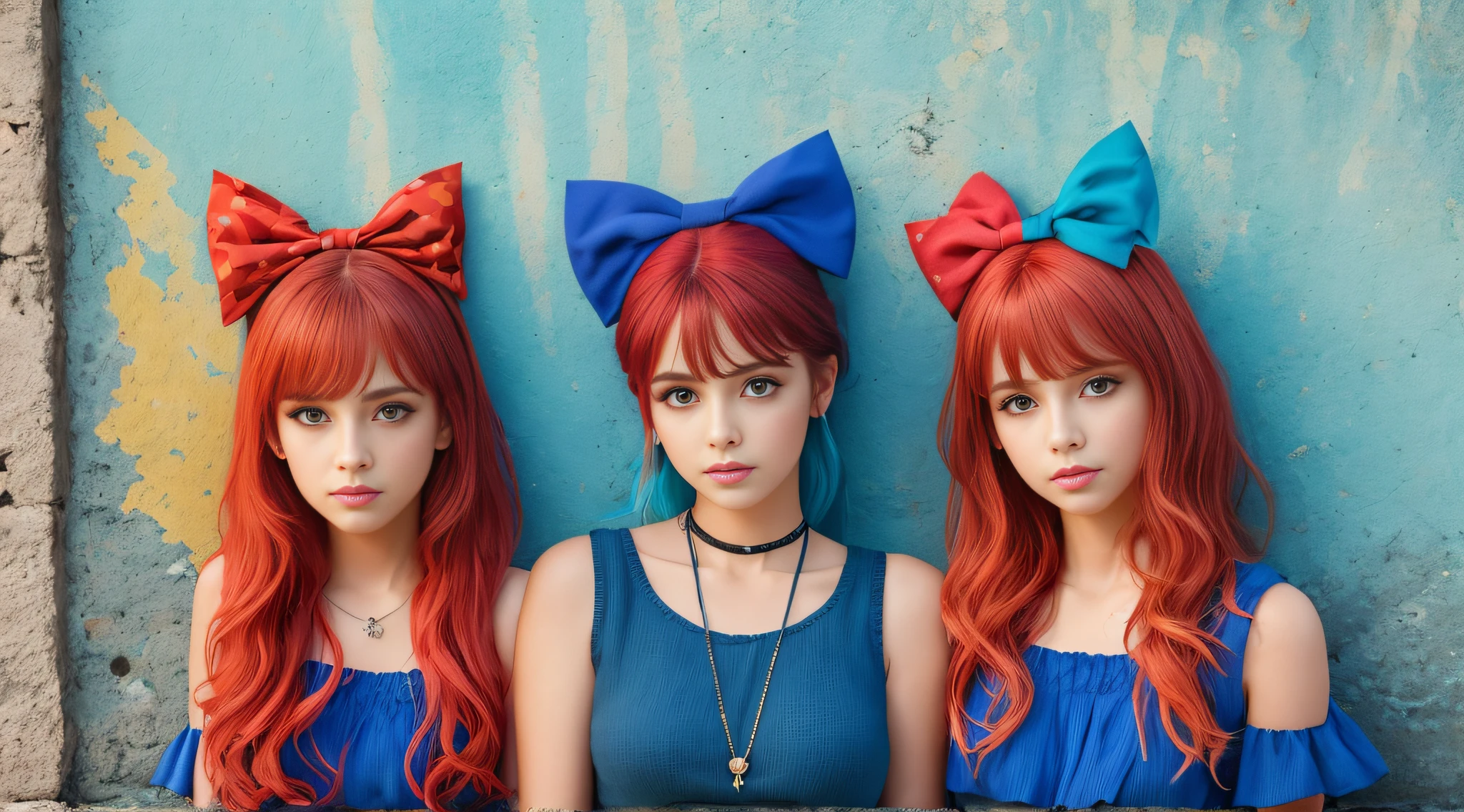 Three girls with red hair and blue bows stand in front of a wall, Perfect Android girl family, do cabelo vermelho, cabelos azuis e ruivos, Deusa dos cabelos ruivos, peruca vermelha, meninabelos vermelhos, azul ou vermelho, Filhotes vermelhos, Directed by: Bernardino Mei, vermelho e azul, azul e vermelho, cores azuis com detalhes em vermelho, tema azul vermelho