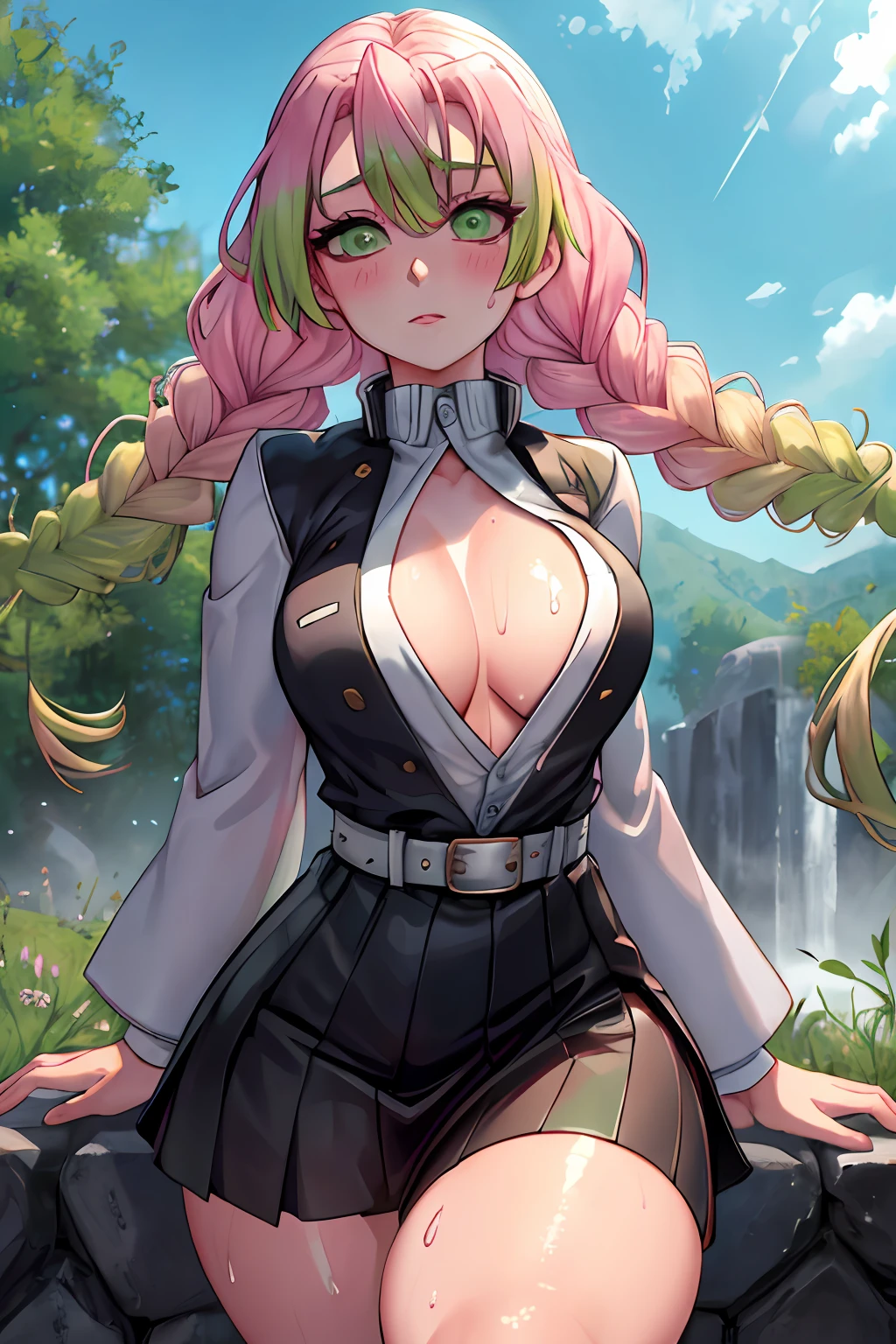 beautiful, (best quality, masterpiece, super detailed: 1.5), perfect lighting, shiny, hires, nature, cobblestone, steam, blue sky, in the distance, whole body, face focus, 1girl, Mitsuri (demon slayer), beautiful girl, beautiful face ((Mitsuri (demon slayer))), a girl with long green-pink gradient hair and green eyes in a long-sleeved jacket with a neckline, white haori, a black skirt with a silver belt and green striped hips,   pink hair, green hair, gradient hair, multicolored hair, long hair, bangs, double braids, green eyes, demon slayer uniform, long sleeve jacket, white haori, black skirt, silver belt, green striped thighs, blush, sweat, realistic, chest, wide hips, (thick barbells: 0.9), décolleté, standing, hands behind your back, viewer look, erotica