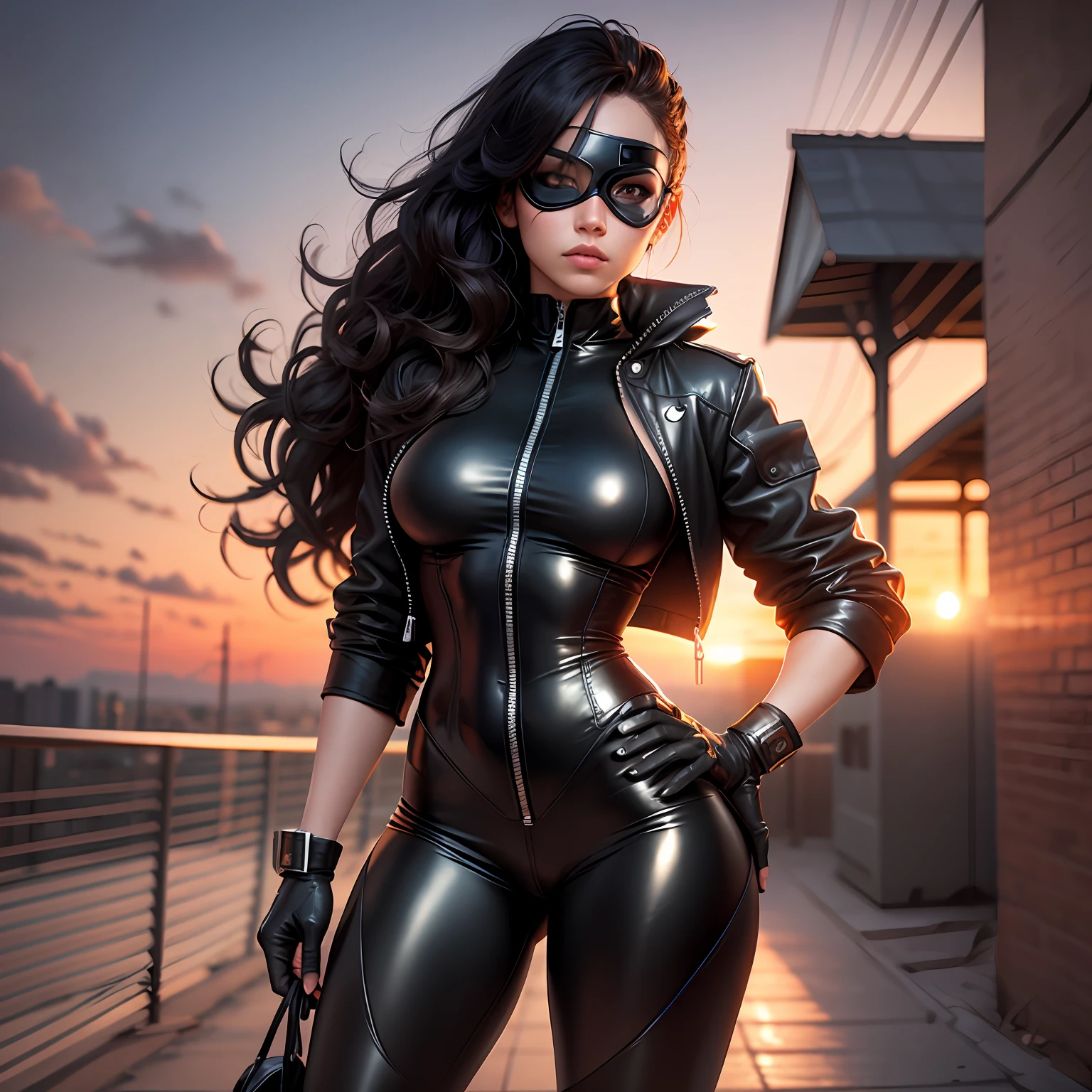 "Superhero, with stylish wavy hair and wearing a sleek black leather eye mask, a form-fitting black spandex jacket and pants, black fingerless leather gloves, and matching black boots, standing against the backdrop of a breathtaking sunset."