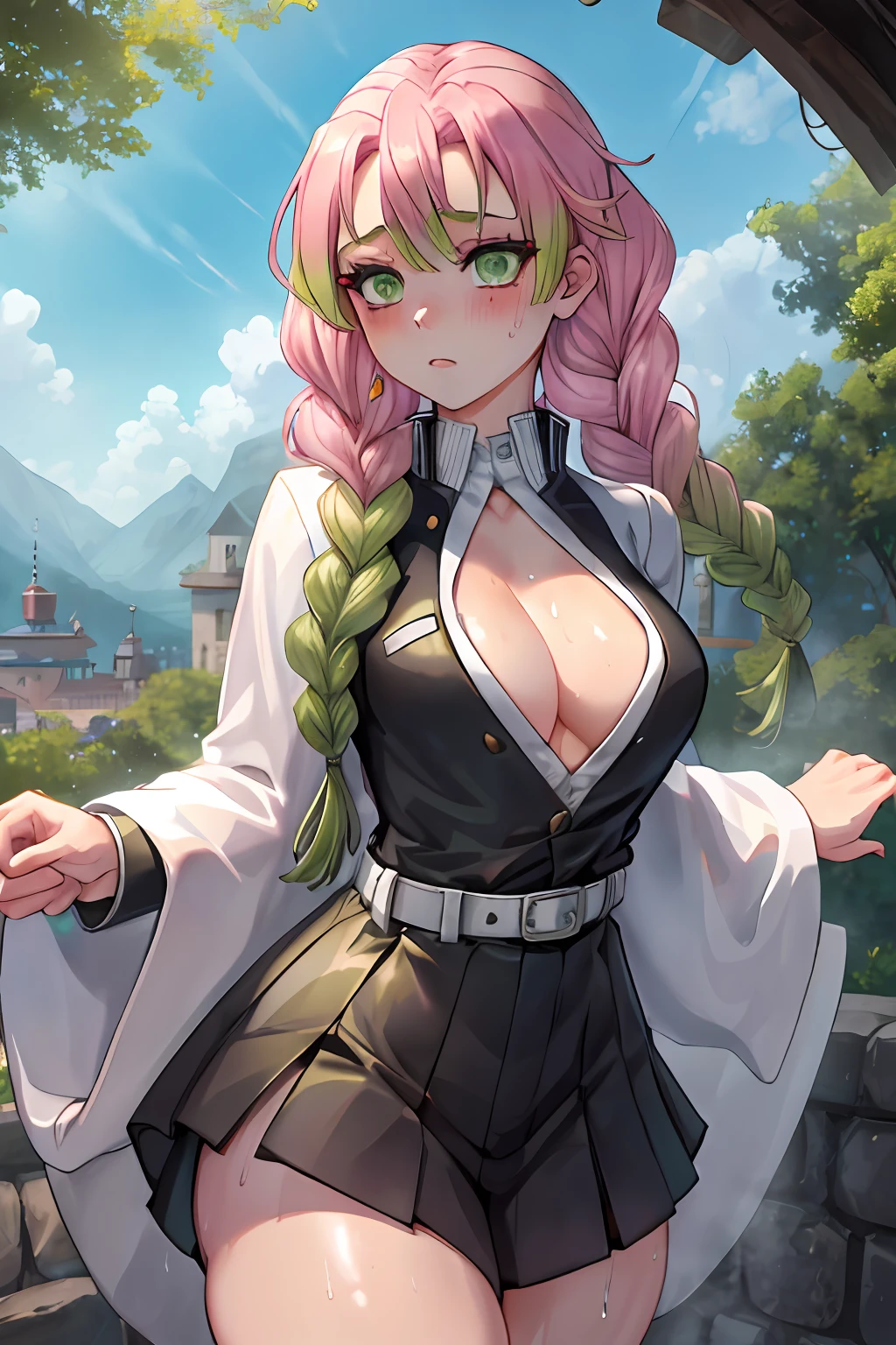 beautiful, (best quality, masterpiece, super detailed: 1.5), perfect lighting, shiny, hires, nature, cobblestone, steam, blue sky, in the distance, whole body, face focus, 1girl, Mitsuri (demon slayer), beautiful girl, beautiful face ((Mitsuri (demon slayer))), a girl with long green-pink gradient hair and green eyes in a long-sleeved jacket with a neckline, white haori, a black skirt with a silver belt and green striped hips,   pink hair, green hair, gradient hair, multicolored hair, long hair, bangs, double braids, green eyes, demon slayer uniform, long sleeve jacket, white haori, black skirt, silver belt, green striped thighs, blush, sweat, realistic, chest, wide hips, (thick barbells: 0.9), décolleté, standing, hands behind your back, viewer look, erotica