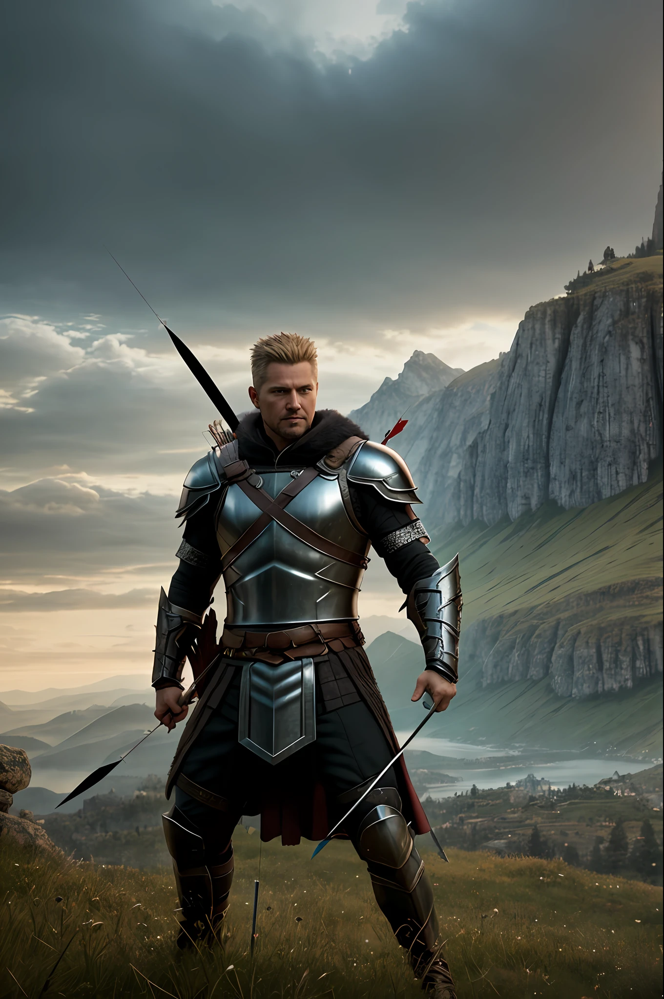 Hawkeye a brutal Norse warrior, wearing intricate steel armor, Holding a bow-arrow battle mountainous landscape with few trees in the background, magical aura, heroic pose, estilo de fantasia, octane rendering, volumeric lighting, 8k high-definition, altamente detalhado, trending on ArtStation, centralizado