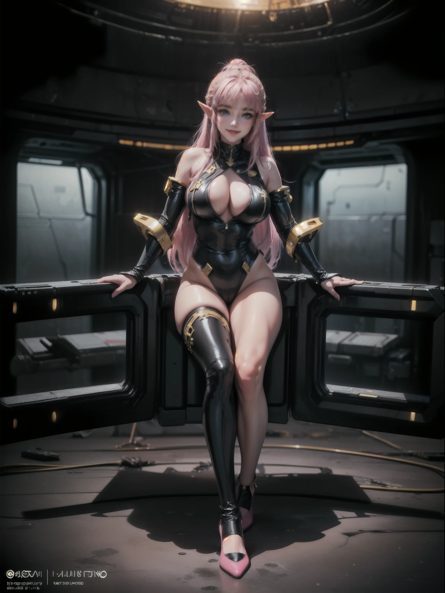 {(Princess Zelda)}, {((wearing black synthetic suit with gold parts, extremely tight and tight on the body))}, {((extremely large breasts))}, {((pink hair, blue eyes))}, {((she's doing sexual pose leaning against somewhere, looking at the viewer, smiling))}, {((inside a whole destroyed spaceship, with several aliens attacking the spaceship)), ((((full body))),