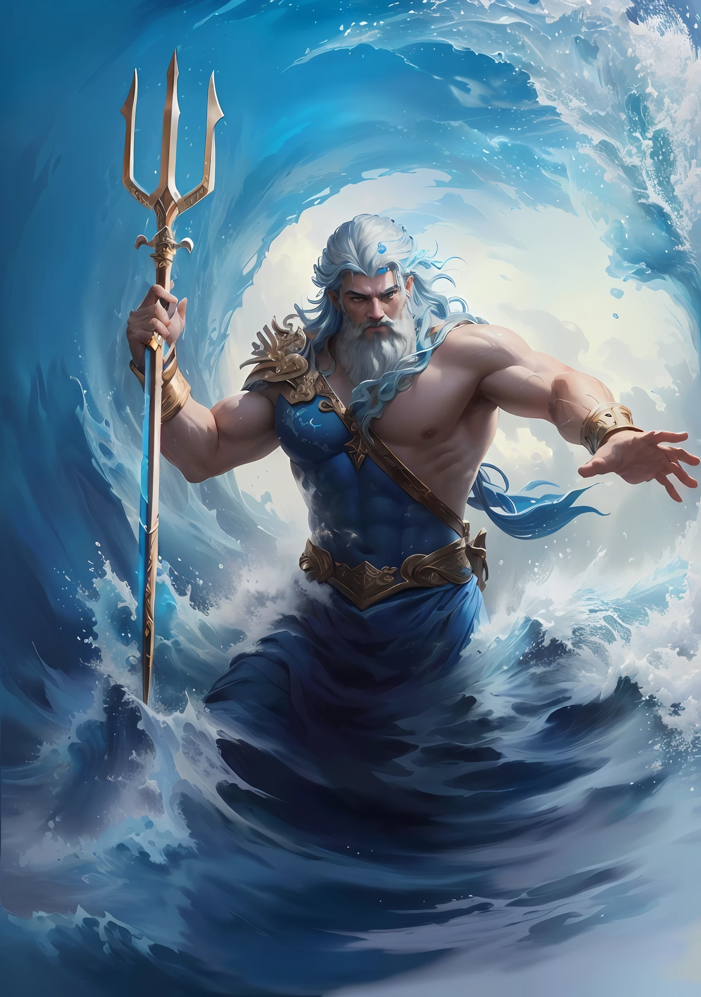 painting of a man in a blue outfit holding a spear in the ocean, the god poseidon, holding his trident, poseidon, the god of the sea, god of the ocean, greek myth digital painting, holding a trident, furious god zeus, holding trident, atlantean warrior, as an atlantean, legendary god holding spear, the god zeus, highly detailed, artstation, detailed painting, art of the day, wallpaper, finished illustration, fantasy illustration, collectible, rare artwork, limited edition