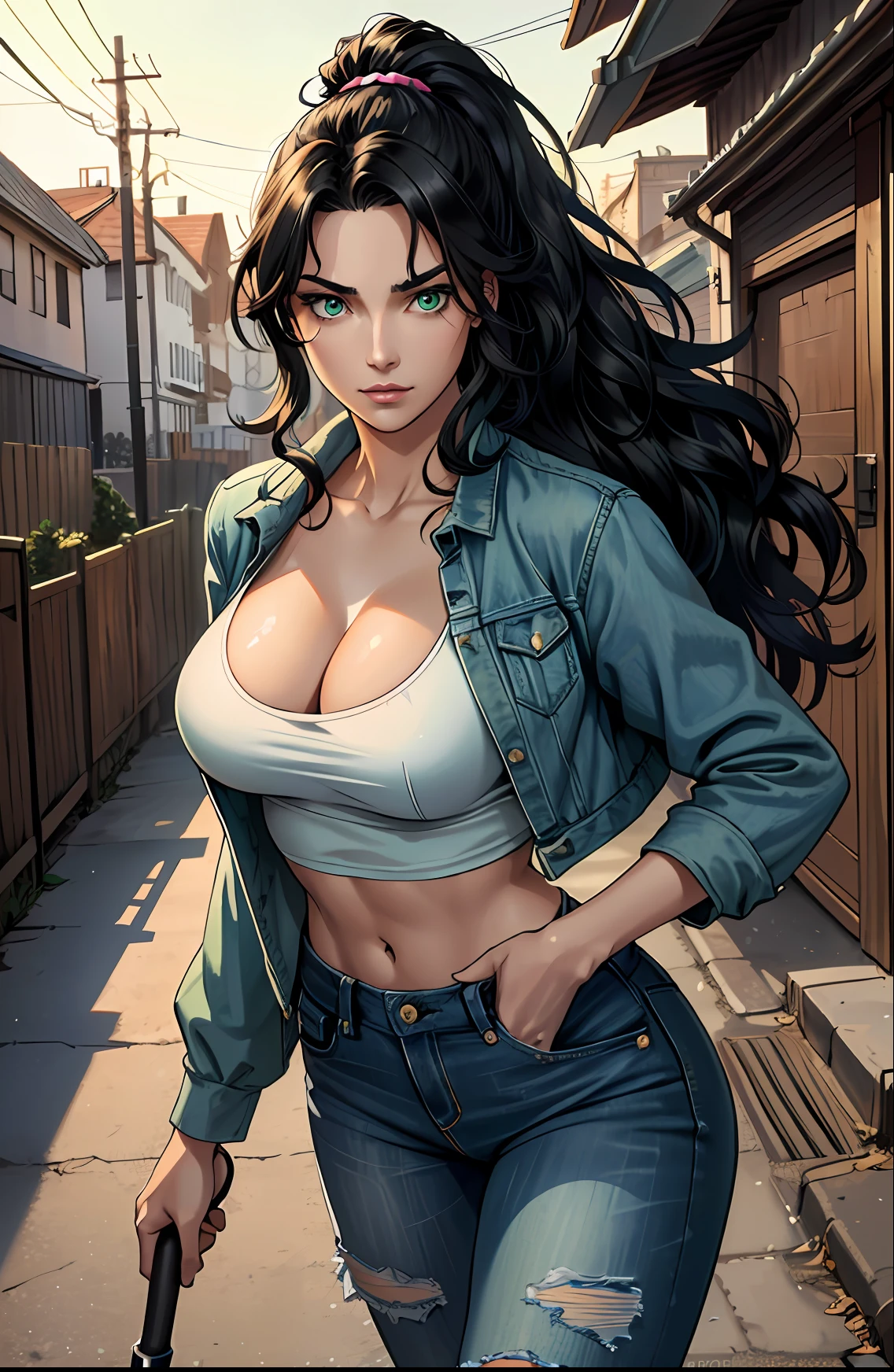 ((((A young woman))), the anime, ( Green eyes), (black hair), Nice face, ssmile, the perfect body, Wavy Hair, hairlong, (((morena))), big breastes, ((tmasterpiece, beste-Qualit)), illustartion, ультра детализированная 8k, Photorealistic, sharp-focus, higly detailed, Professional lighting, colorful details, Rainbow colors, Glowing, intricate detials, Vivid details, torn jeans, Shoes, t shirt, denim jacket, Hair tucked into a ponytail, Baseball bat in hand, evening, alleyway, nightfall, lanterns, Hold the Line, smeared with a bat, Be serious, guard against