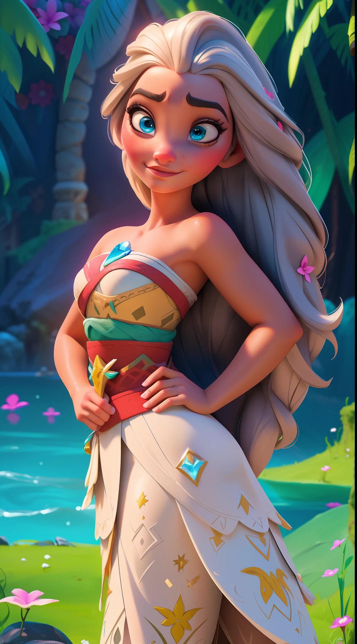 Elsa-Moana Fusion, Mesclando modelos, Roupas da Moana, melting, 1girl, Beautiful, character, Woman, female, praia, (master part:1.2), (melhor qualidade:1.2), (sozinho:1.2), ((pose de luta)), ((campo de batalha)), cinemactic, olhos perfeitos, pele perfeita, perfect lighting, sorrir, luz, cor, pele texturizada, detalhe, Beleza, maravilha, ultra-detalhado, rosto perfeito