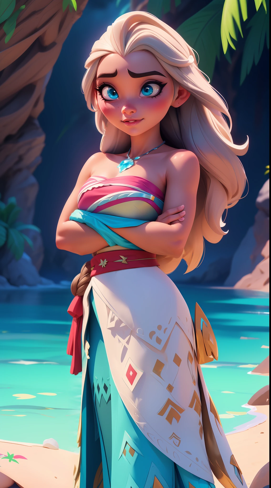 Elsa-Moana Fusion, Mesclando modelos, Roupas da Moana, melting, 1girl, Beautiful, character, Woman, female, praia, (master part:1.2), (melhor qualidade:1.2), (sozinho:1.2), ((pose de luta)), ((campo de batalha)), cinemactic, olhos perfeitos, pele perfeita, perfect lighting, sorrir, luz, cor, pele texturizada, detalhe, Beleza, maravilha, ultra-detalhado, rosto perfeito