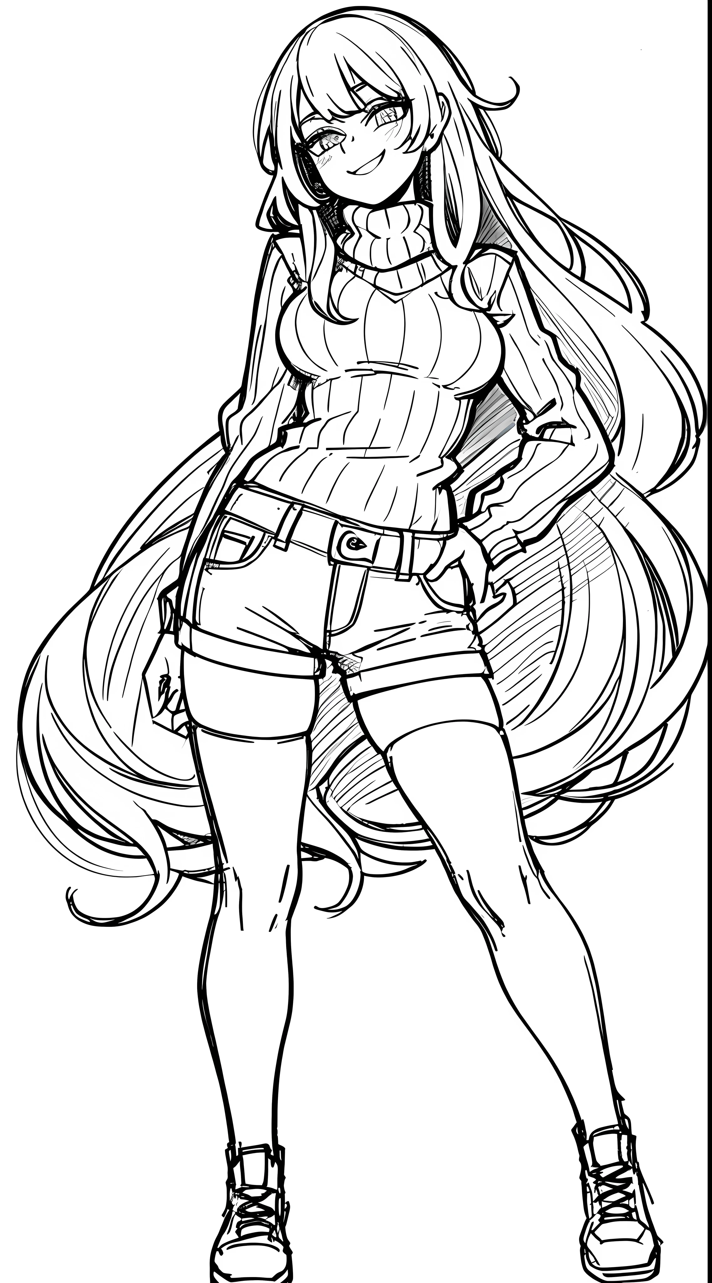 (Full Body: 1.2), white background, monochrome, line drawing, ((sketch)), long hair, blushing, cute, smug, smile, rolling eyes, sweater, denim short, thigh high