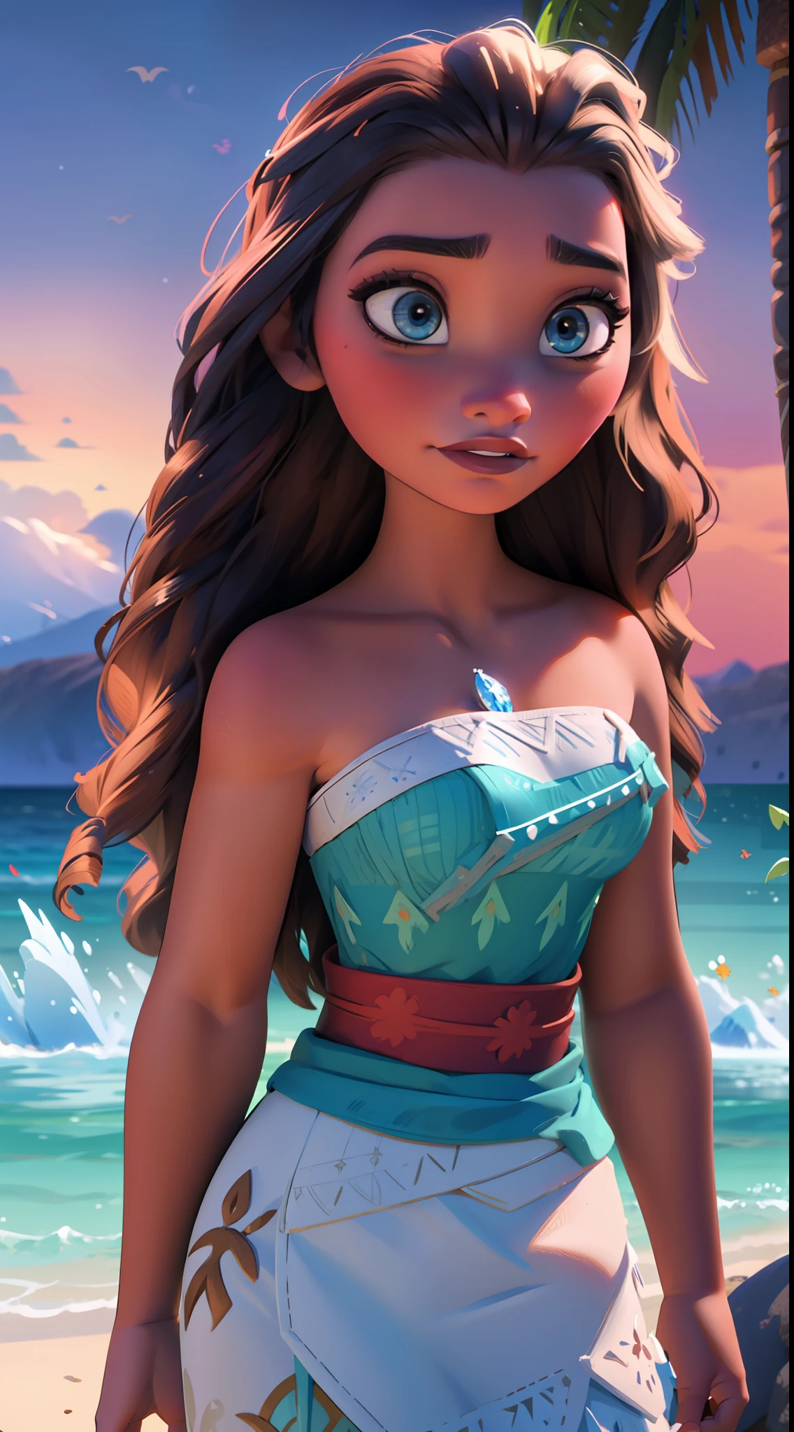 Elsa-Moana Fusion, Mesclando modelos, Roupas da Moana, melting, 1girl, Beautiful, Character, Woman, Female, Praia, (master part:1.2), (melhor qualidade:1.2), (Solo:1.2), ((pose de luta)), ((campo de batalha)), cinemactic, olhos perfeitos, pele perfeita, perfect lighting, sorrir, luz, cor, pele texturizada, detalhe, Beleza, maravilha, ultra-detalhado, rosto perfeito