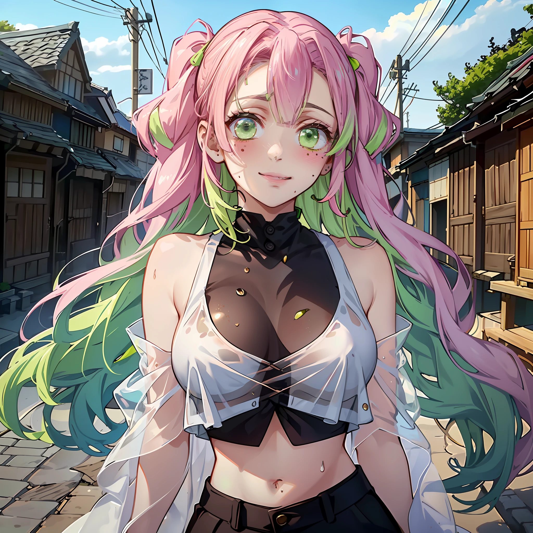 sharp focus, dynamic angle, (colored), 1girl, ((Mitsuri Karonji)), (lime green eyes: 1.4), (moles under the eyes), (hair two colors, pink, green), (on the street: 1.2), Japanese houses, ), (wide hips), large breasts, outdoor, big ass, thighs, ultra detailed, highest quality, cowboy shot, soft shadows, (extremely detailed eyes and face: 1.4), sexy, cute smile, blush, (wearing ((vaporous:1.2) (see-through:1.2) (white: 0.6) (chiffon) (crop top) grasped (wet: 1.4) skin ): 1.2)),