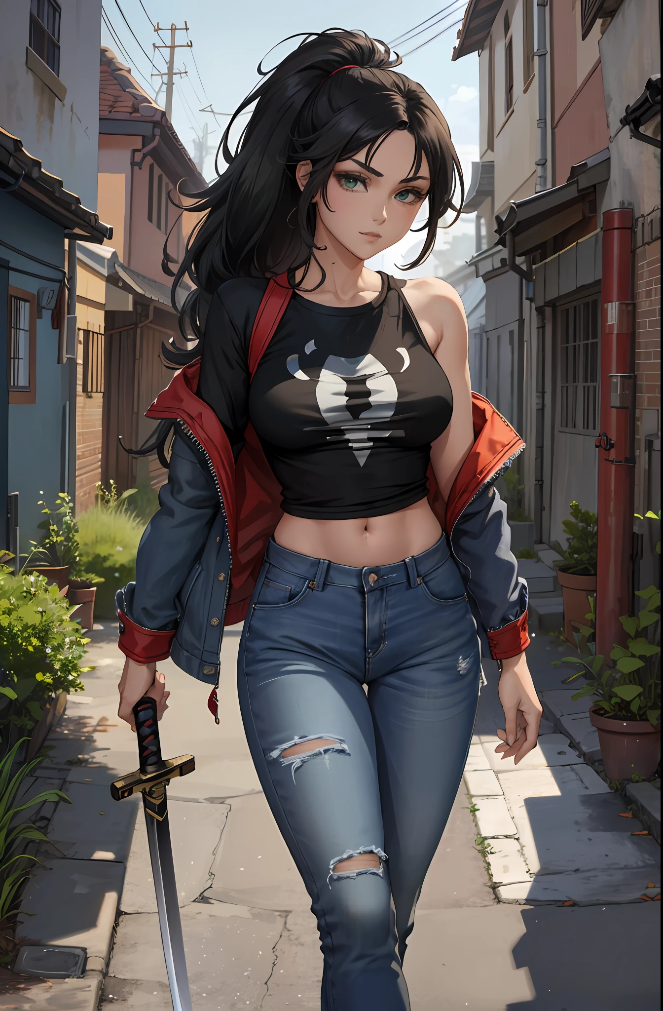 ((((A young woman))), the anime, ( Green eyes), (black hair), Nice face, ssmile, the perfect body, Wavy Hair, hairlong, (((morena))), big breastes, ((tmasterpiece, beste-Qualit)), illustartion, ультра детализированная 8k, Photorealistic, sharp-focus, higly detailed, Professional lighting, colorful details, Rainbow colors, Glowing, intricate detials, Vivid details, torn jeans, Shoes, t shirt, denim jacket, Hair gathered in a ponytail, Katana in hand, The Long Sword, evening, alleyway, nightfall, Hold the Line, Be serious, guard against, fight