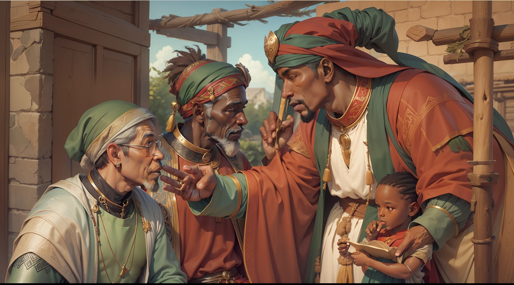 Raphael talking to the wise elders of the village, seeking guidance and advice.