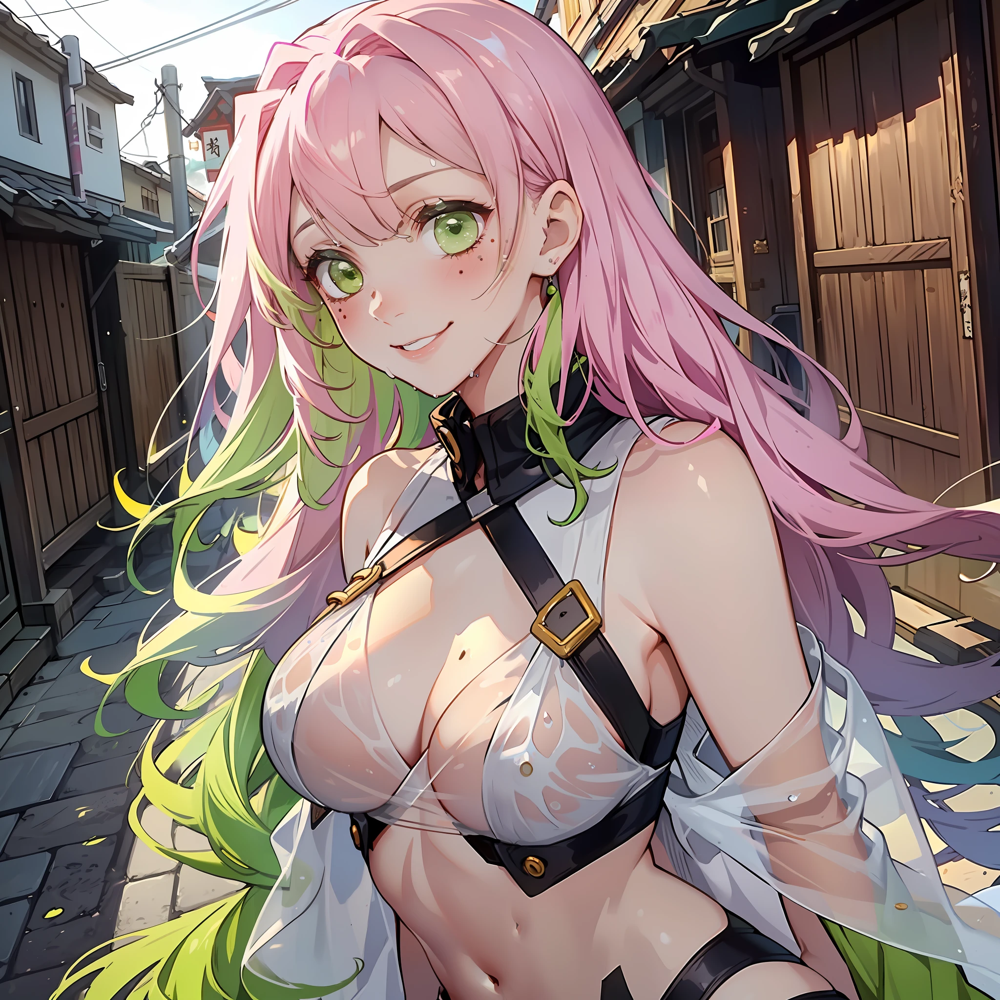 sharp focus, dynamic angle, (colored), 1girl, ((Mitsuri Karonji)), (lime green eyes: 1.4), (moles under the eyes), (hair two colors, pink, green), (on the street: 1.2), Japanese houses, ), (wide hips), large breasts, outdoor, big ass, thighs, ultra detailed, highest quality, cowboy shot, soft shadows, (extremely detailed eyes and face: 1.4), sexy, cute smile, blush,  (wearing ((vaporous:1.2) (see-through:1.2) (white: 0.6) (chiffon) (crop top) grasped (wet: 1.4) skin ): 1.2)),