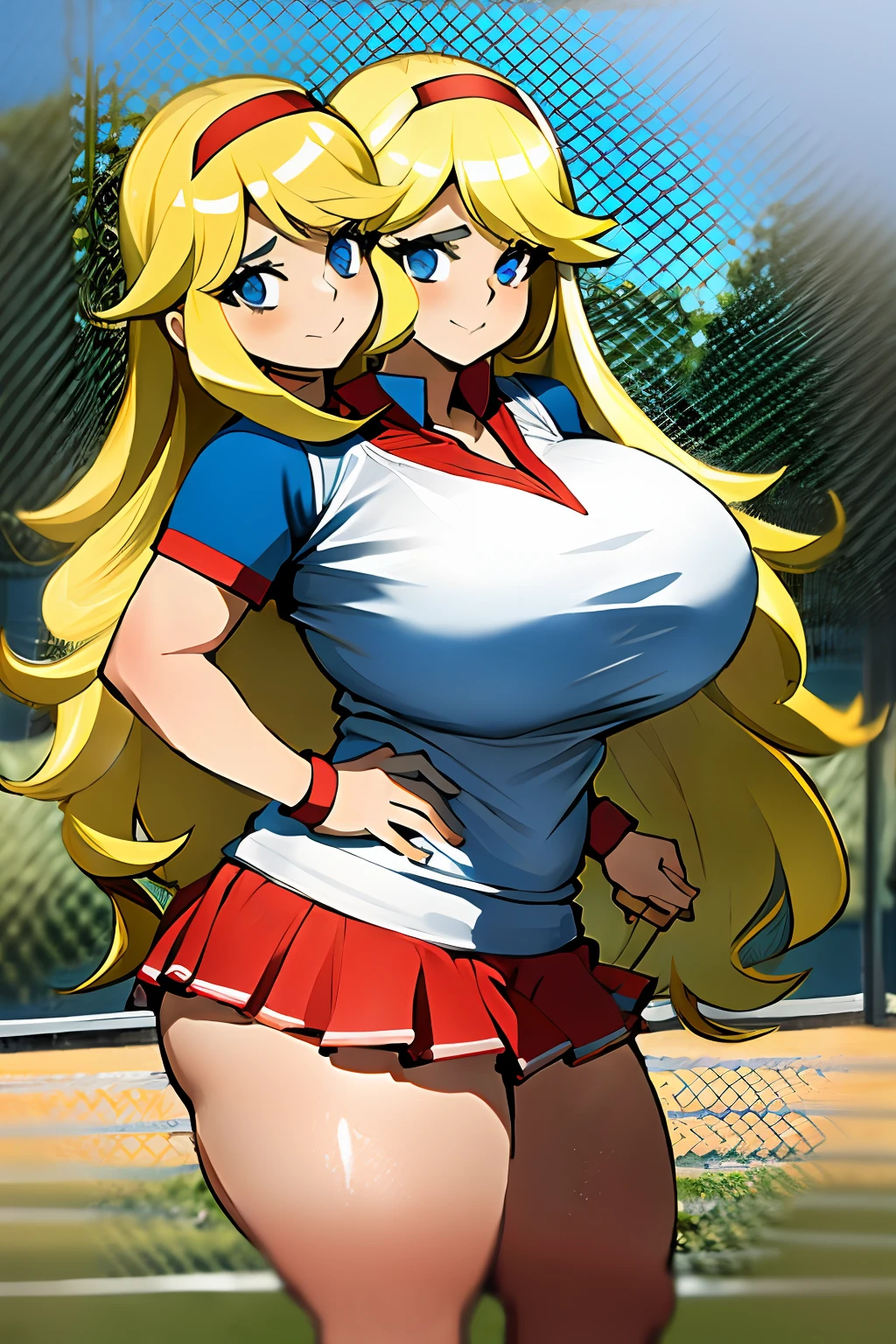 2heads, short chubby woman with 2 heads. She has enormous breasts. She is wearing a tennis outfit. She is outside. She has gigantic breasts. She has long blonde hair. She has enormous breasts.