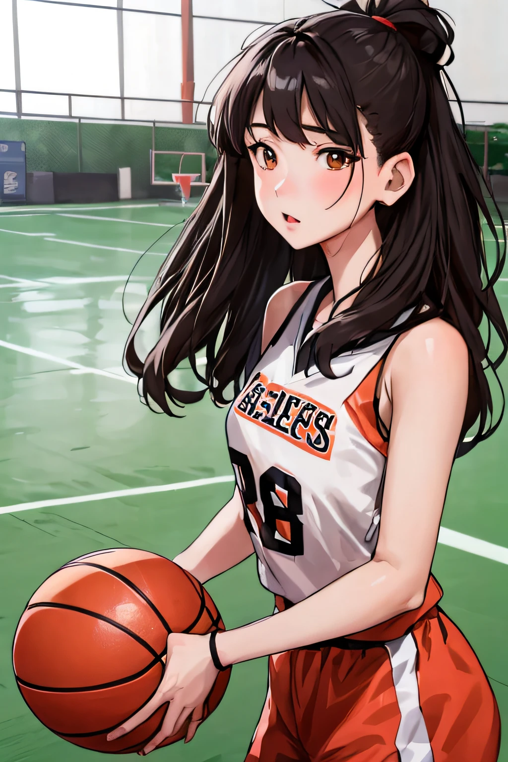 anime girl scoring with a basketball ball in a basketball court, hinata hyuga, marin kitagawa fanart, nishimiya shouko, high quality anime artstyle, makoto kano, kawacy, smooth anime cg art, chiho, high quality portrait, ilya kuvshinov with long hair, 奈良美智, official artwork