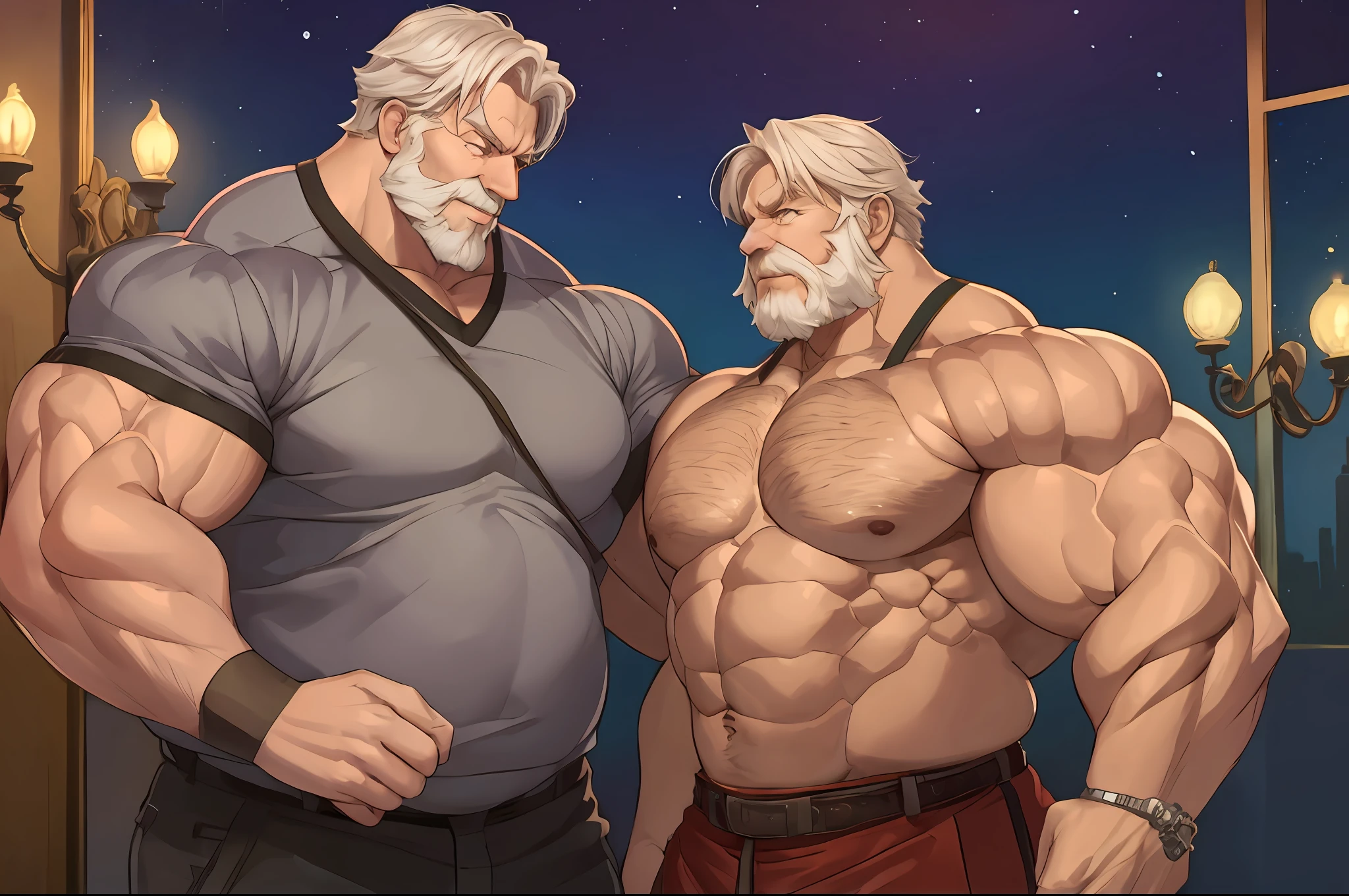 muscle size difference , ((1boy) huge muscular old man), 1boy muscular middle age holding old man arm muscle