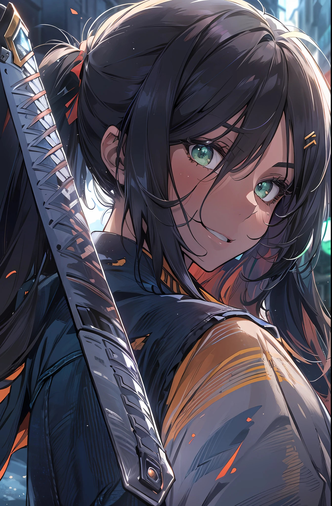((((A young woman))), the anime, ( Green eyes), (black hair), Nice face, ssmile, the perfect body, Wavy Hair, hairlong, (((morena))), big breastes, ((tmasterpiece, beste-Qualit)), illustartion, ультра детализированная 8k, Photorealistic, sharp-focus, higly detailed, Professional lighting, colorful details, Rainbow colors, Glowing, intricate detials, Vivid details, torn jeans, Shoes, t shirt, denim jacket, Hair gathered in a ponytail, Katana in hand, The Long Sword, Evening, alleyway, nightfall, Hold the Line, Be serious, guard against, fight
