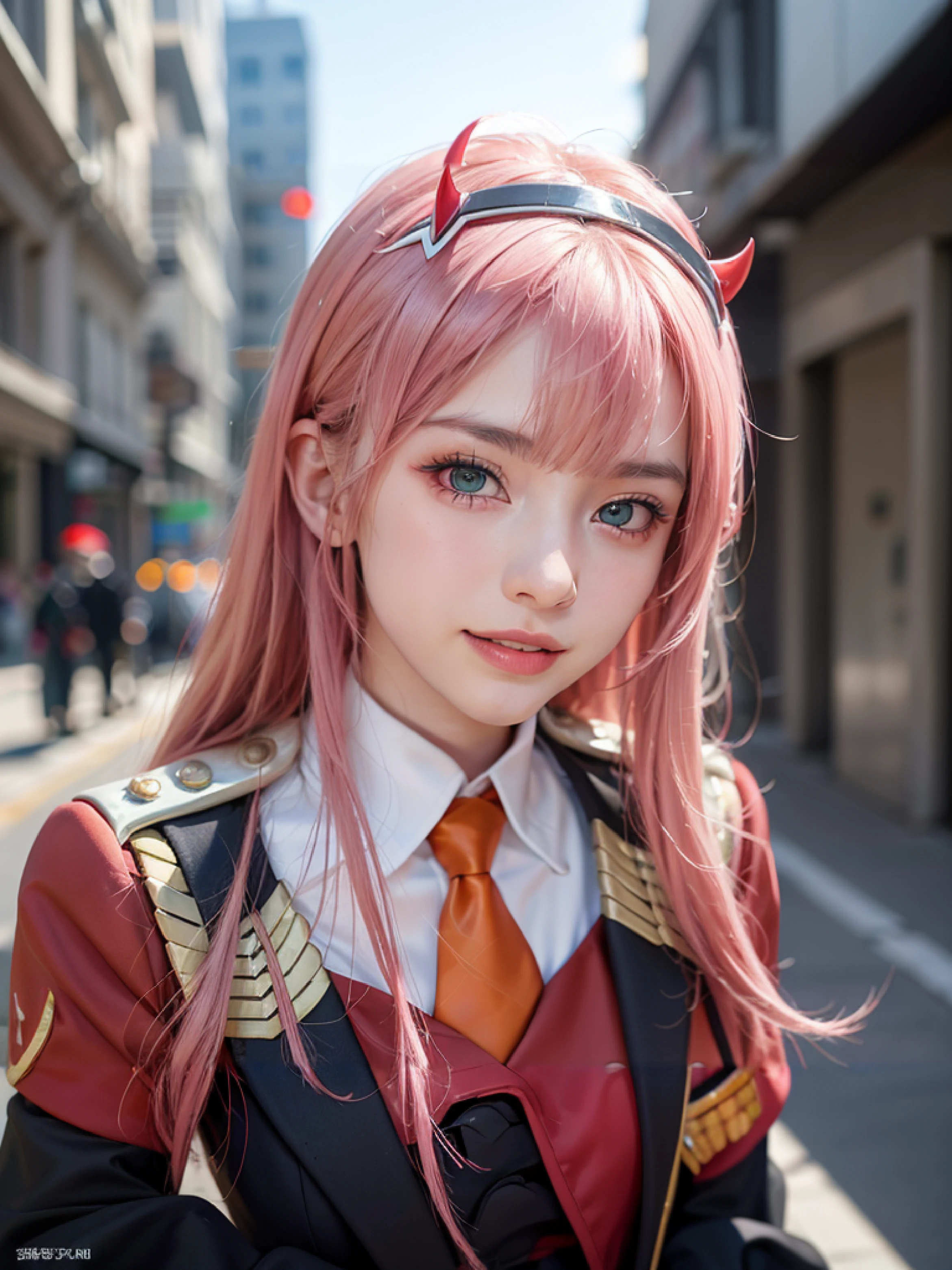 4k, raw camera, highres, masterpiece, portrait, aesthetic, beautiful, best quality, highly detaile, best quality clothing, aesthetic clothings, professional angle, rule of thirds, Feminine, delicate, beautiful, 19 years, attractive, solo, 1 girl, (Zero Two), ((In an alley)), (Upper Body, Close Up), ((From Looking at Viewer)), (Low Lighting), ((Smiling)), (Long Hair, Pink Hair, Very Straight Hair, Bangs, Blunt Bangs Hair, Little Red Oni Horns in hair), (Open Eyes, Aqua Eyes, DarkPink Eyeliner in Eyes, Very Cheerful Gaze), Soft Skin, (-), ((Standing, (Leaning Forward), Straight-On)), Beautiful Teeth, Perfect Teeth, White HairBand, (Half Open Mouth), (Natural Lips), (Medium Breast), ((Arms Behind Back, Hands Behind Back)), ((Red Military Uniform)) , Full Black Tights, Necktie, Orange Necktie, Opaque Clothing, High Quality Clothing), (No Neckline), beautiful body, beautiful eyes, shiny eyes, shiny hair, beautiful mouth, beautiful lips, beautiful face, hd, matt suit