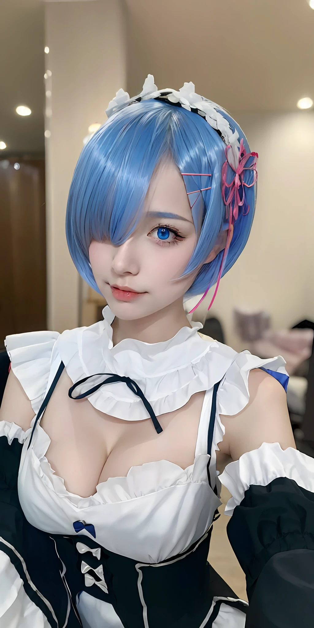 best quality,(8k, RAW photo, best quality, masterpiece:1.39), (realistic, photo-realistic:1.2), 1girl, Rem_ReZero, blue eyes, cleavage, half-body angle