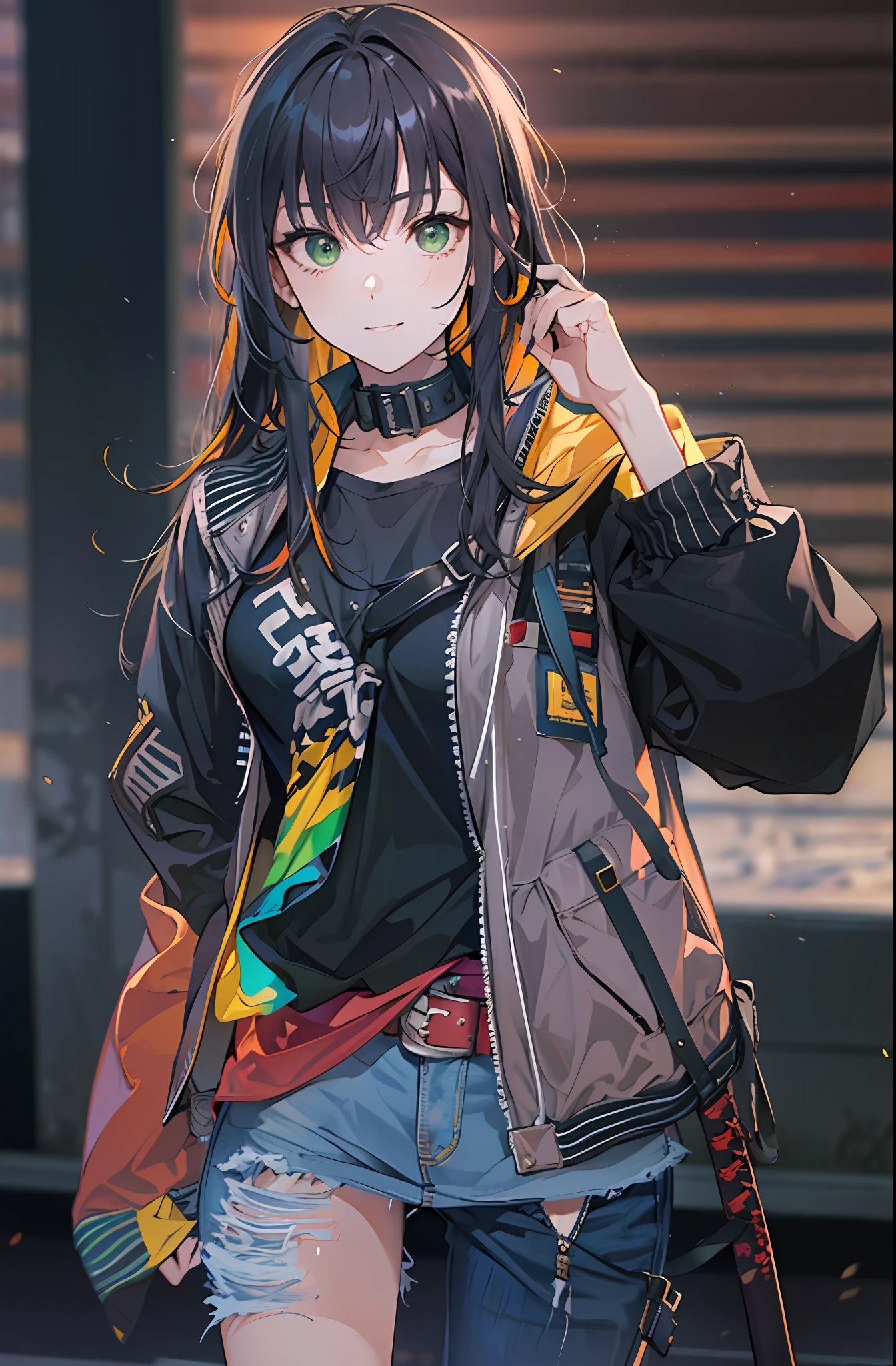 ((((A young woman))), the anime, ( Green eyes), (black hair), Nice face, ssmile, the perfect body, Wavy Hair, hairlong, (((morena))), big breastes, ((tmasterpiece, beste-Qualit)), illustartion, ультра детализированная 8k, Photorealistic, sharp-focus, higly detailed, Professional lighting, colorful details, Rainbow colors, Glowing, intricate detials, Vivid details, torn jeans, Shoes, t shirt, denim jacket, Hair gathered in a ponytail, Katana in hand, The Long Sword, Evening, alleyway, nightfall, Hold the Line, Be serious, guard against, fight