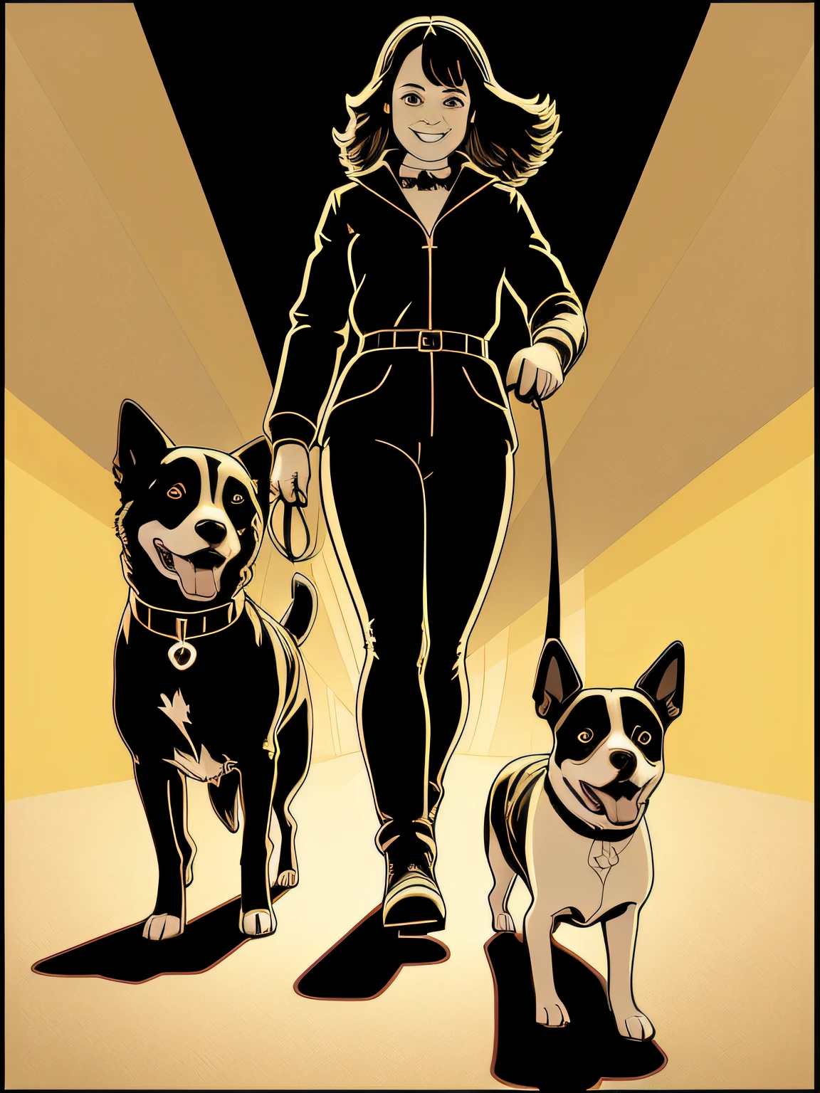 Vector-art of a (person walking a dog: 1.3) in a joyful and playful manner. Depict the person with a big smile on their face, radiating happiness as they walk their furry companion. Use soft and warm colors to evoke a sense of warmth and love. The dog can be portrayed with a wagging tail and a content expression. Add subtle details like a leash, collar, and maybe a dog toy to complete the scene, isolated, black background, in the style of 0mib