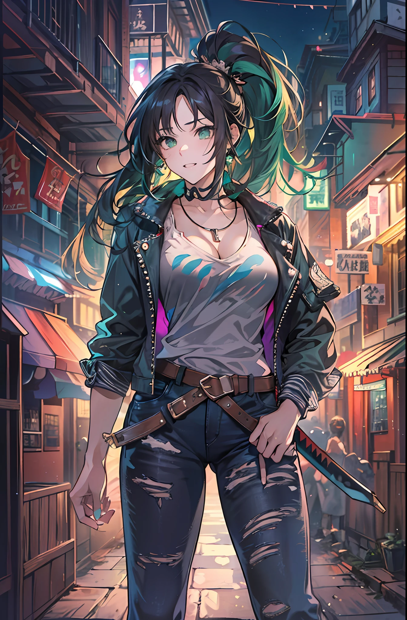 ((((A young woman))), the anime, ( Green eyes), (black hair), Nice face, ssmile, the perfect body, Wavy Hair, hairlong, (((morena))), big breastes, ((tmasterpiece, beste-Qualit)), illustartion, ультра детализированная 8k, Photorealistic, sharp-focus, higly detailed, Professional lighting, colorful details, Rainbow colors, Glowing, intricate detials, Vivid details, torn jeans, Shoes, t shirt, denim jacket, Hair gathered in a ponytail, Katana in hand, The Long Sword, Evening, alleyway, nightfall, Hold the Line, Be serious, guard against, fight