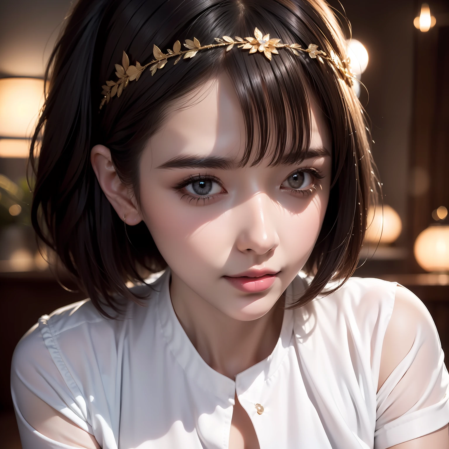 Close-up avatar。white short sleeve，quadratic element，exquisitedetails，Perfect details，sideface，White shirt，short detailed hair，largeeyes，Black eyes，Sparkle，edge lit，long eyelasher，Based on physical rendering，adolable，Lateral face，with a round face，ssmile，Close-up portrait of a girl，8K,8K high quality detailed art, Beautiful 2D portrait,firework background，Extremely quality，tmasterpiece，Need，Overlooking Chang'an, Never sleep，Fireworks headdress