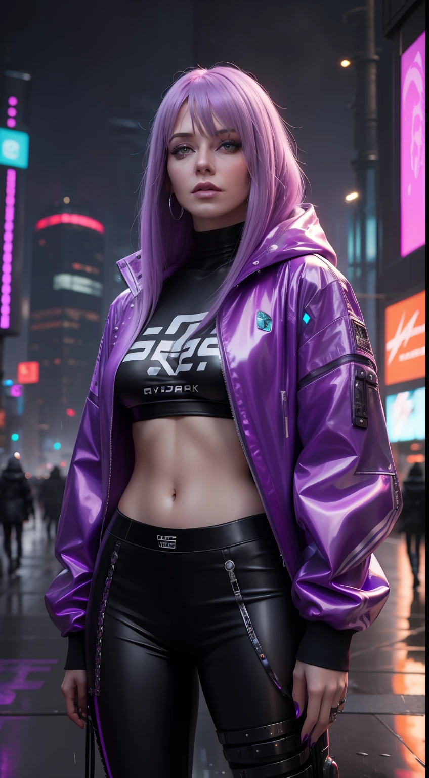 arafed Alla Pugacheva with purple hair and a silver jacket in the rain, cyberpunk art inspired by Darek Zabrocki, trending on cgsociety, digital art, fashionable futuristic woman, glossy digital painting, cyberpunk art style, in cyberpunk style, hyper-realistic cyberpunk style, cyberpunk style color, beautiful cyberpunk woman model, dreamy cyberpunk girl, cyberpunk beautiful girl