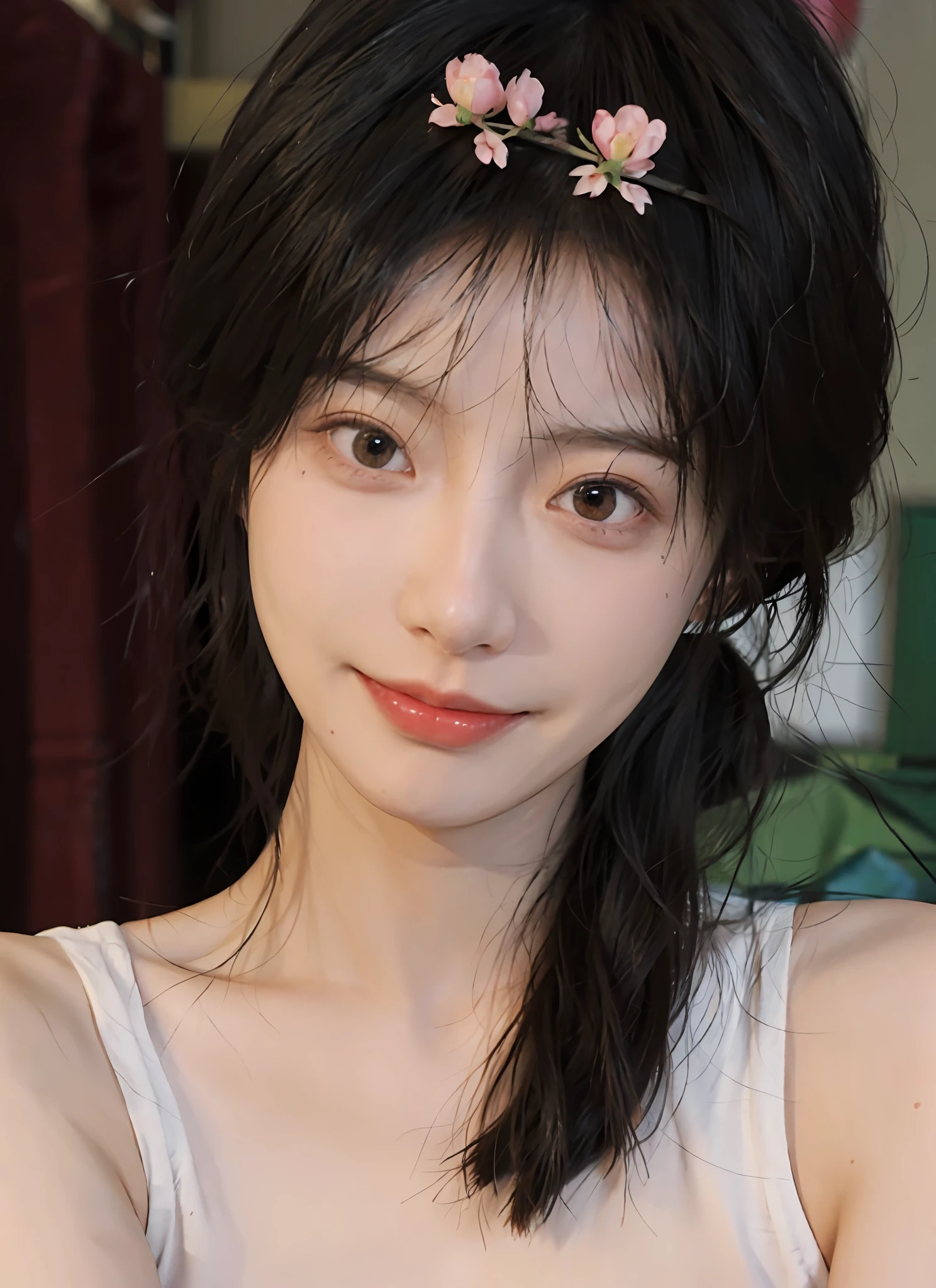 best qualtiy, 超高分辨率, (realisticlying:1.4), one-girl, A pair of clear and moving peach blossom eyes,Royal Sister,(full bodyesbian:1.2)a sense of atmosphere,a beauty girl, ssmile,(huge tit:1.2), looking at viewert, closeup cleavage ,Home,