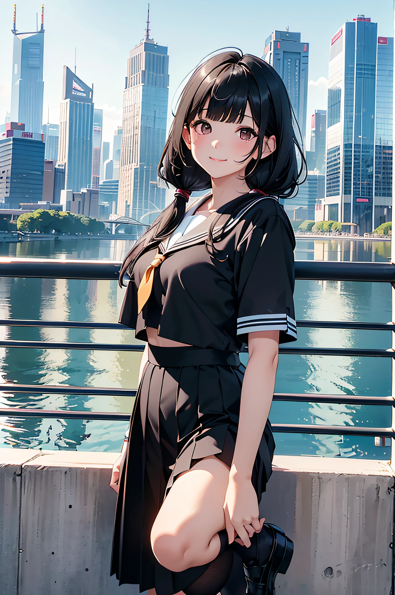 (top-quality、in 8K、32K、masterpiece、nffsw、ighly detailed:1.2)、Full body, (Vibrant city skyline reflected on the tranquil waterfront:1.4)、beautiful shadow、beauitful face、blurry backround、16-year-old beautiful girl、shinny skin, Beautiful black hair、Blunt bangs、 side poneyTail、Brown eyes、a sailor suit、pleatedskirt、Black socks、Black shoes、A smile、Raising arms、crouching down、white panties、thighs thighs thighs thighs、from the front side、opening legs、