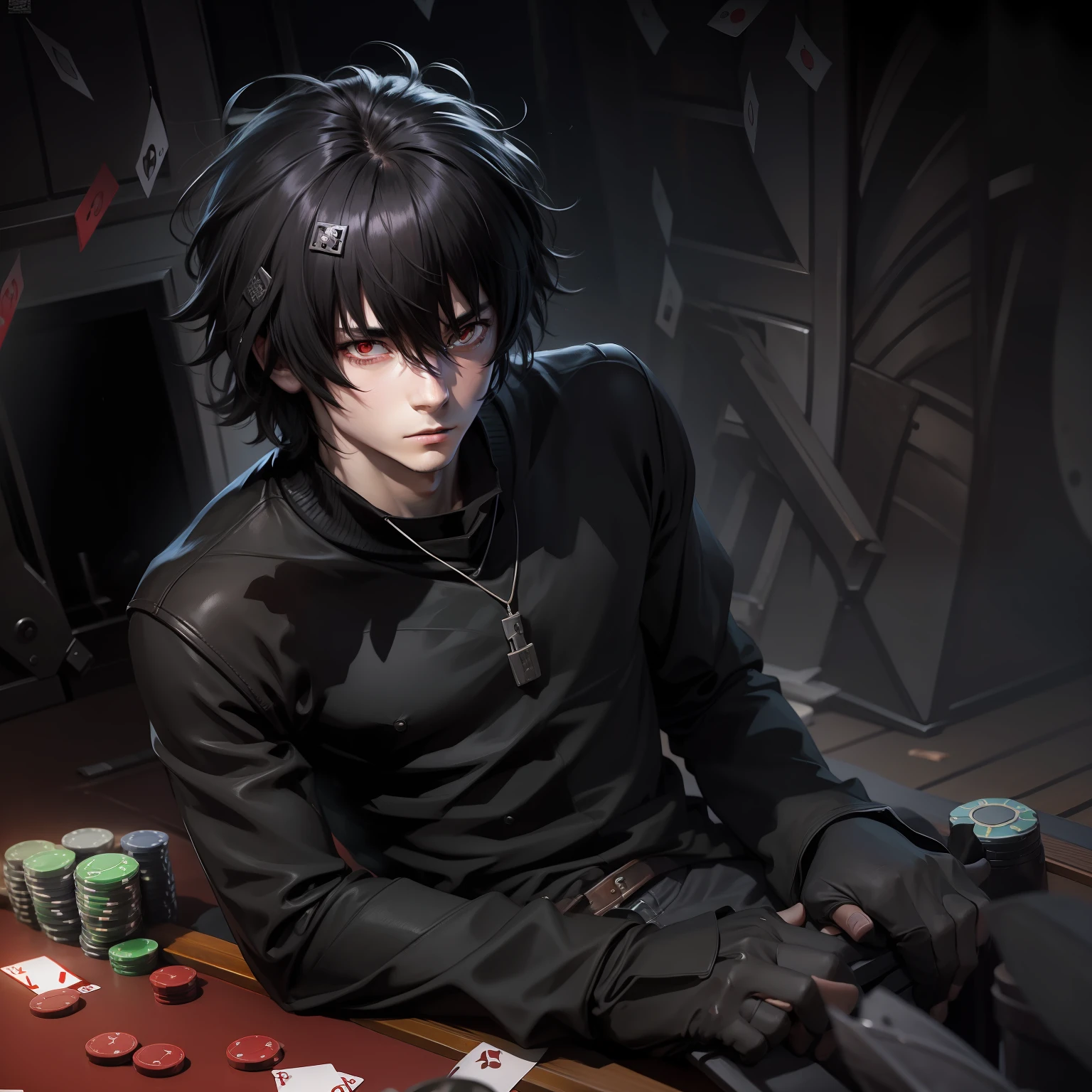 l lawliet, Beyond birthday, black hair, black Turtleneck, sitting, black under his eyes, poker face, in a dark room, red eyes