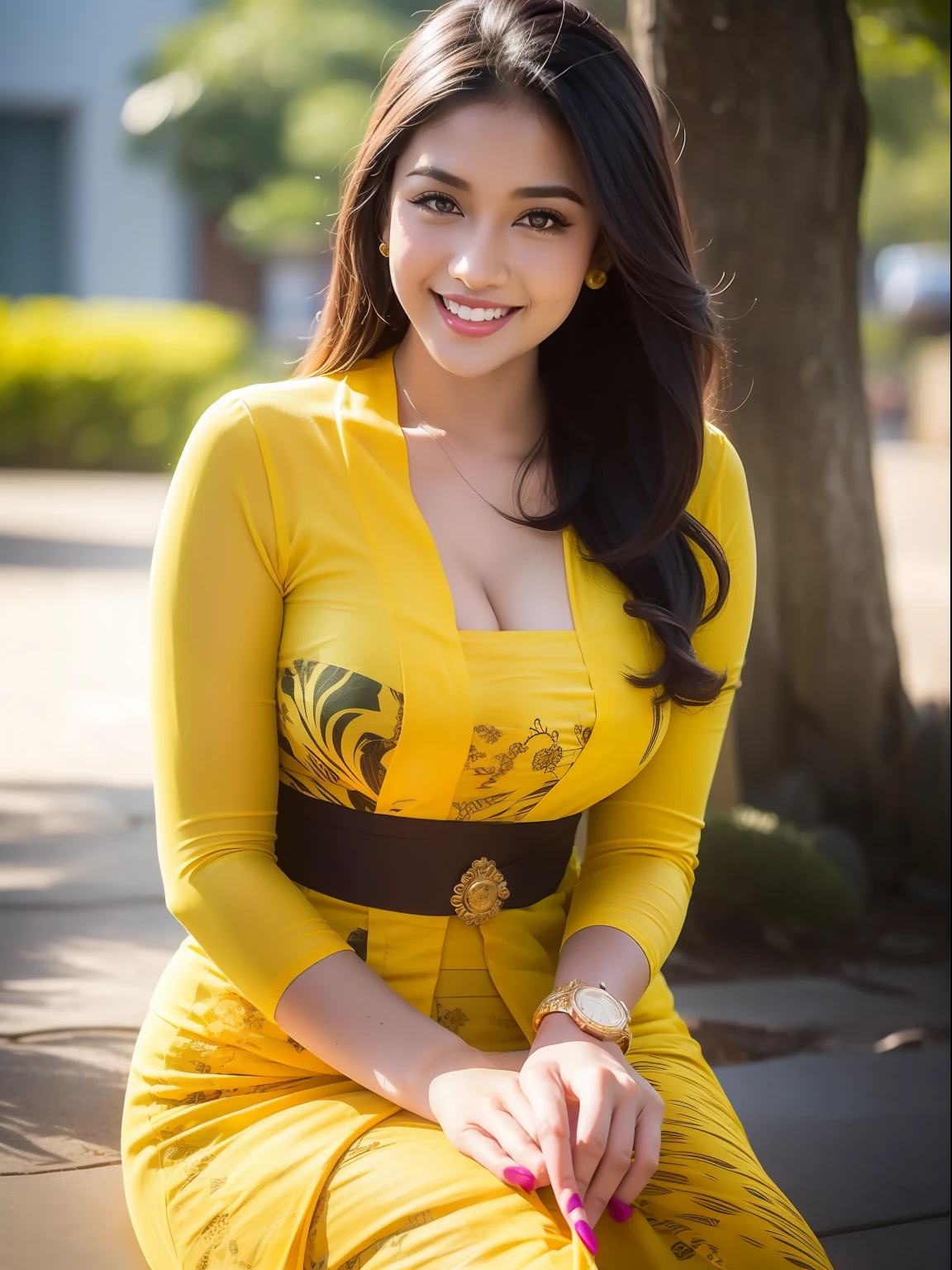 1girl, (yellow_kebaya_bali), (kebaya_bali), sunlight, sitting, nature, outdoors, detailed face, detailed eyes, huge breasts, shiny skin, looking at the audience, (laughing cute: 1.2), (happy), (8k, RAW photo, best quality, masterpiece: 1.2), (realistic, realistic: 1.37), ultra-high resolution,