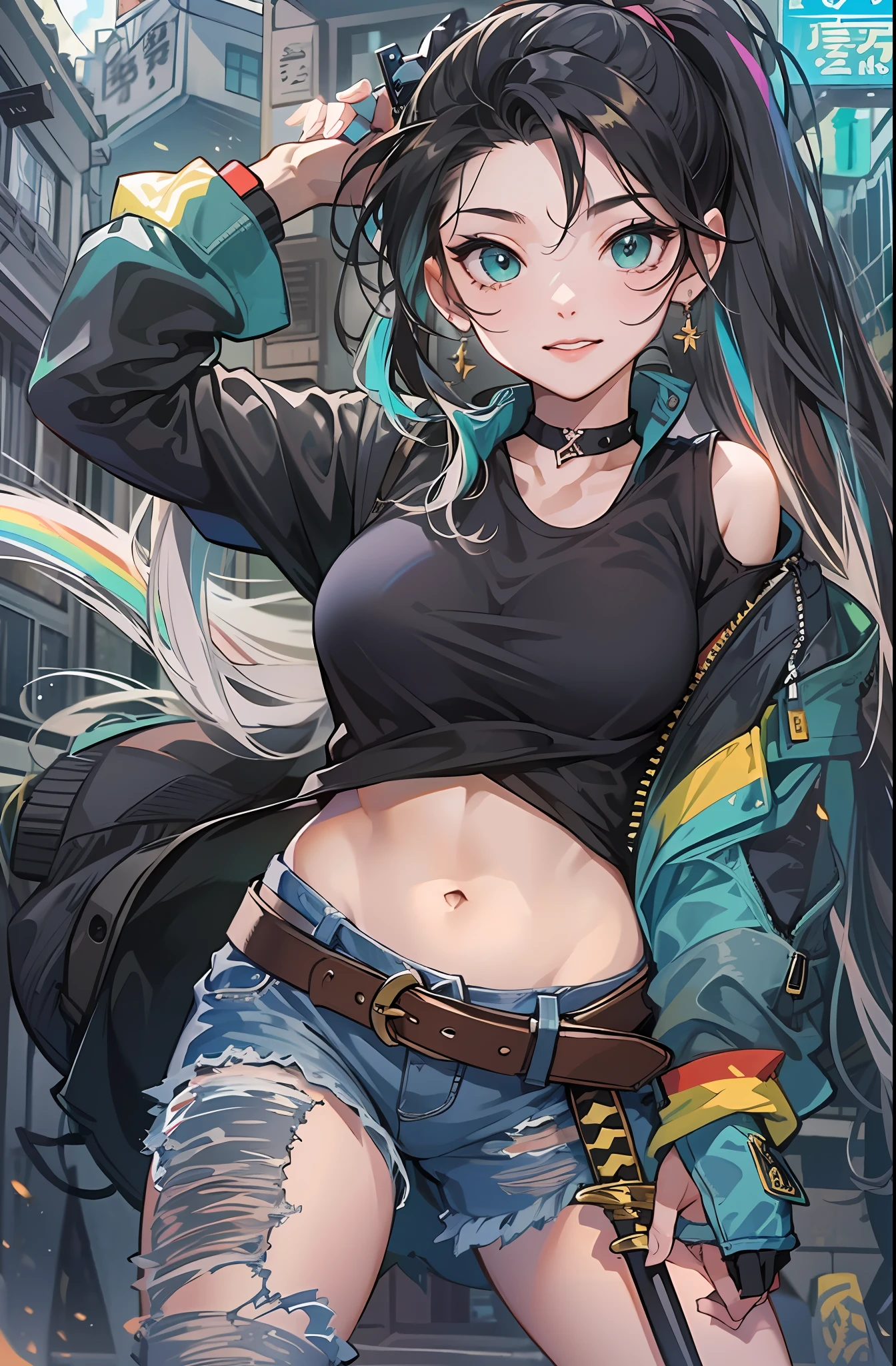 ((((A young woman))), the anime, ( Green eyes), (black hair), Nice face, ssmile, the perfect body, Wavy Hair, hairlong, (((morena))), big breastes, ((tmasterpiece, beste-Qualit)), illustartion, ультра детализированная 8k, Photorealistic, sharp-focus, higly detailed, Professional lighting, colorful details, Rainbow colors, Glowing, intricate detials, Vivid details, torn jeans, Shoes, t shirt, denim jacket, Hair gathered in a ponytail, Katana in hand, The Long Sword, Evening, alleyway, nightfall, Hold the Line, Be serious, guard against, fight
