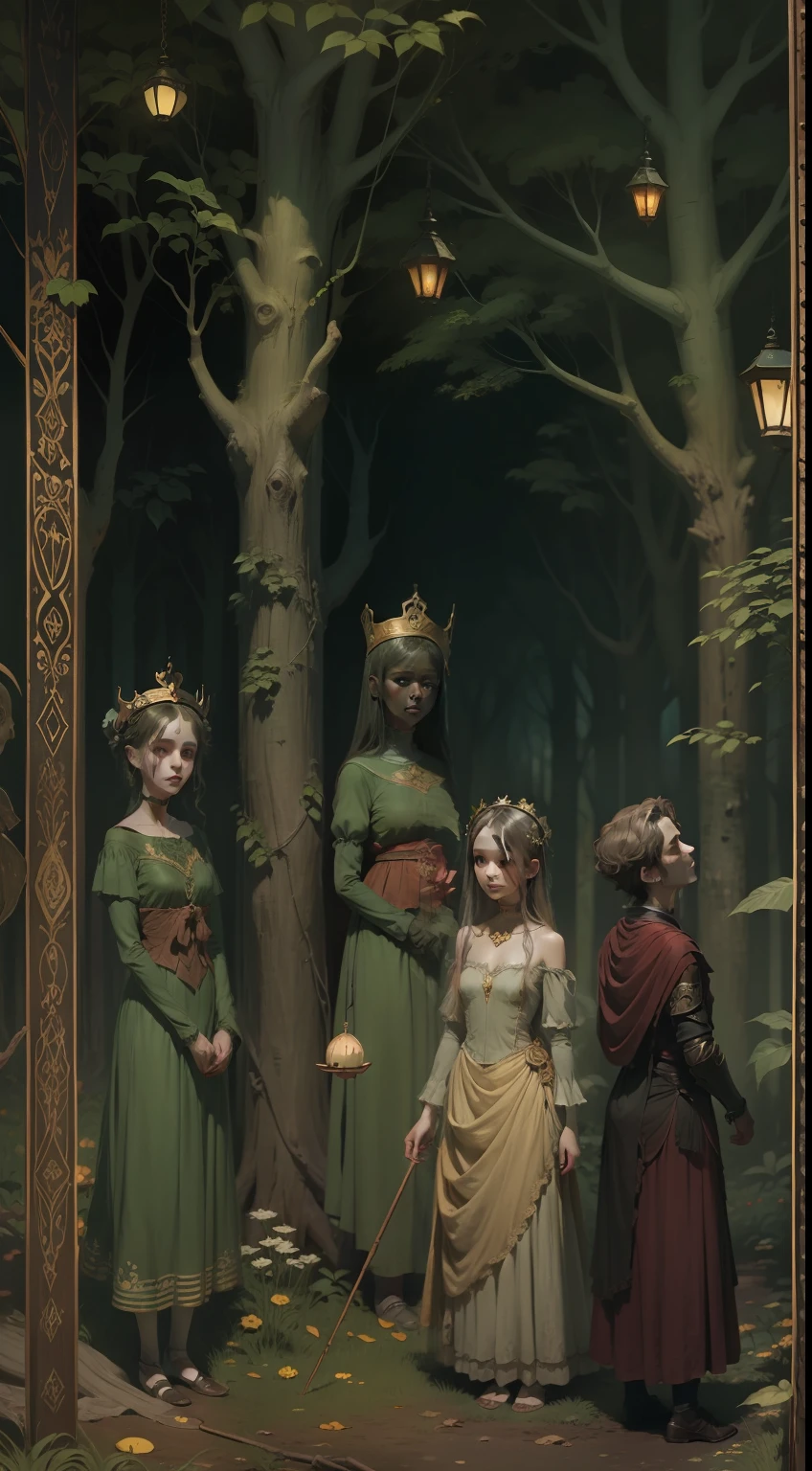 dark zombies and cute venus goddes in medieval forest in style of Odilon Redon