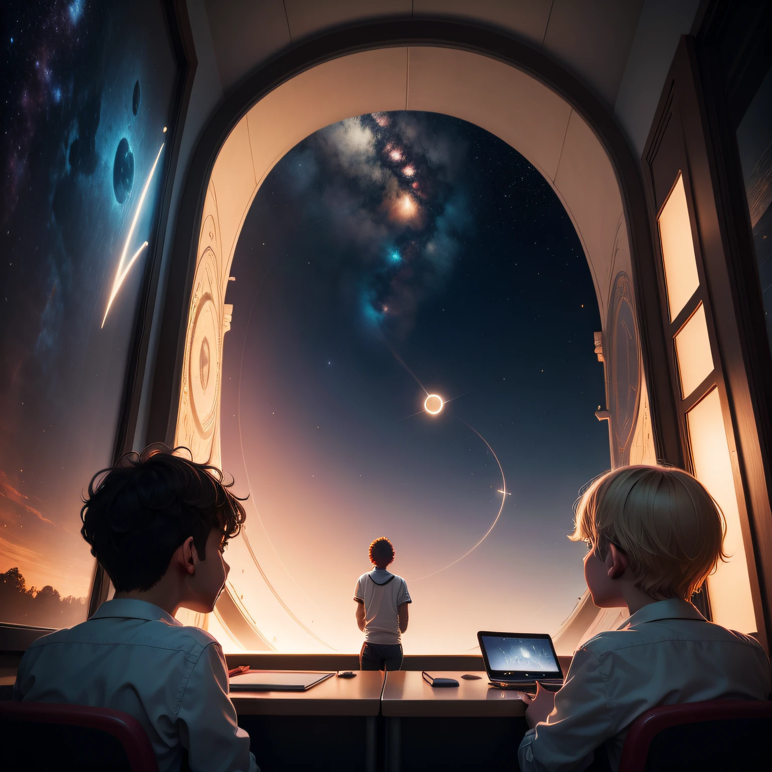 Illustrate Sidinho, the imaginative 10-year-old, vividly describing his imaginary spaceship to his classmates. The scene is set in a bright and playful classroom with a big window showcasing a whimsical view of outer space. Sidinho stands confidently, gesturing with excitement, surrounded by captivated classmates. The illustration style is lively and colorful, with a touch of surrealism to highlight the fantastical elements of the story. Illuminate the scene with warm light, and capture the joy and wonder of Sidinho's creative storytelling