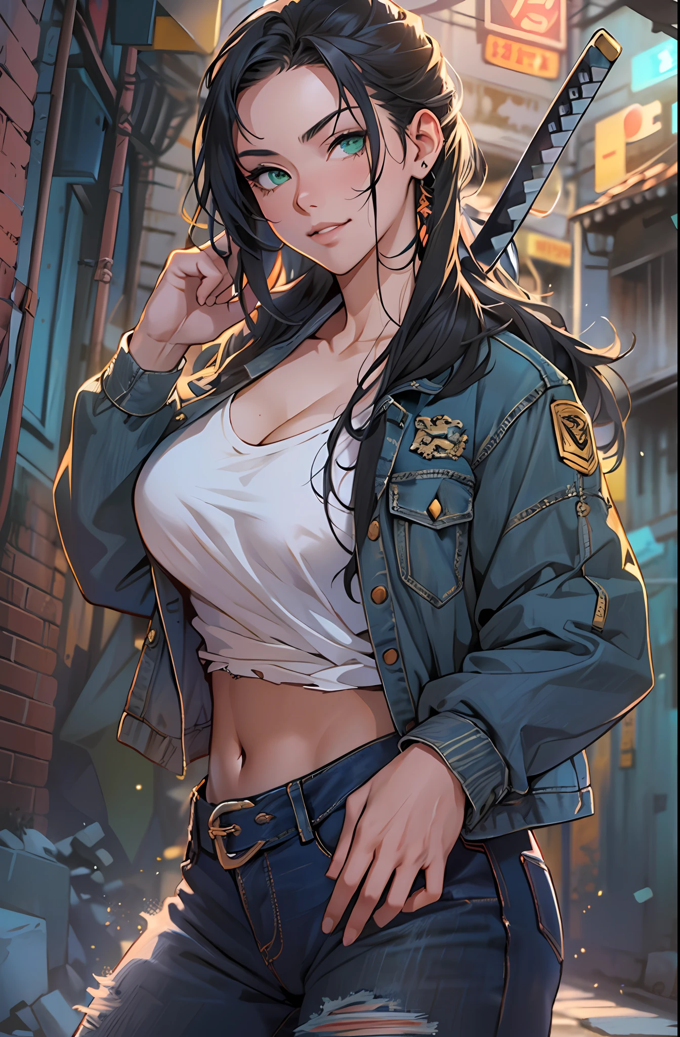 ((((A young woman))), the anime, ( Green eyes), (black hair), Nice face, ssmile, the perfect body, Wavy Hair, hairlong, (((morena))), big breastes, ((tmasterpiece, beste-Qualit)), illustartion, ультра детализированная 8k, Photorealistic, sharp-focus, higly detailed, Professional lighting, colorful details, Rainbow colors, Glowing, intricate detials, Vivid details, torn jeans, Shoes, t shirt, denim jacket, Hair gathered in a ponytail, Katana in hand, The Long Sword, Evening, alleyway, nightfall, Hold the Line, Be serious, guard against, fight
