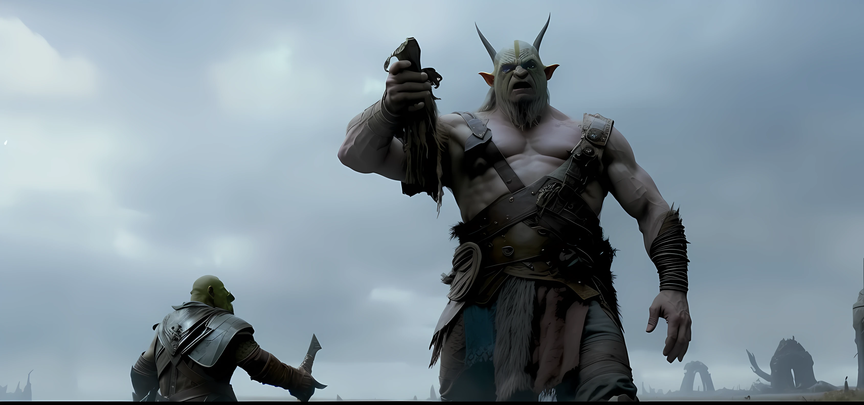 There is a man with a knife and a man in his hand, gollum as a titan, filme ainda de god of war, gigante imponente feito de zumbis, big titan creature in the center, ainda de um filme de fantasia, orcs lord of the rings, filme de fantasia ainda, Screencap do filme, korg de Thor como um soldado, Orcs