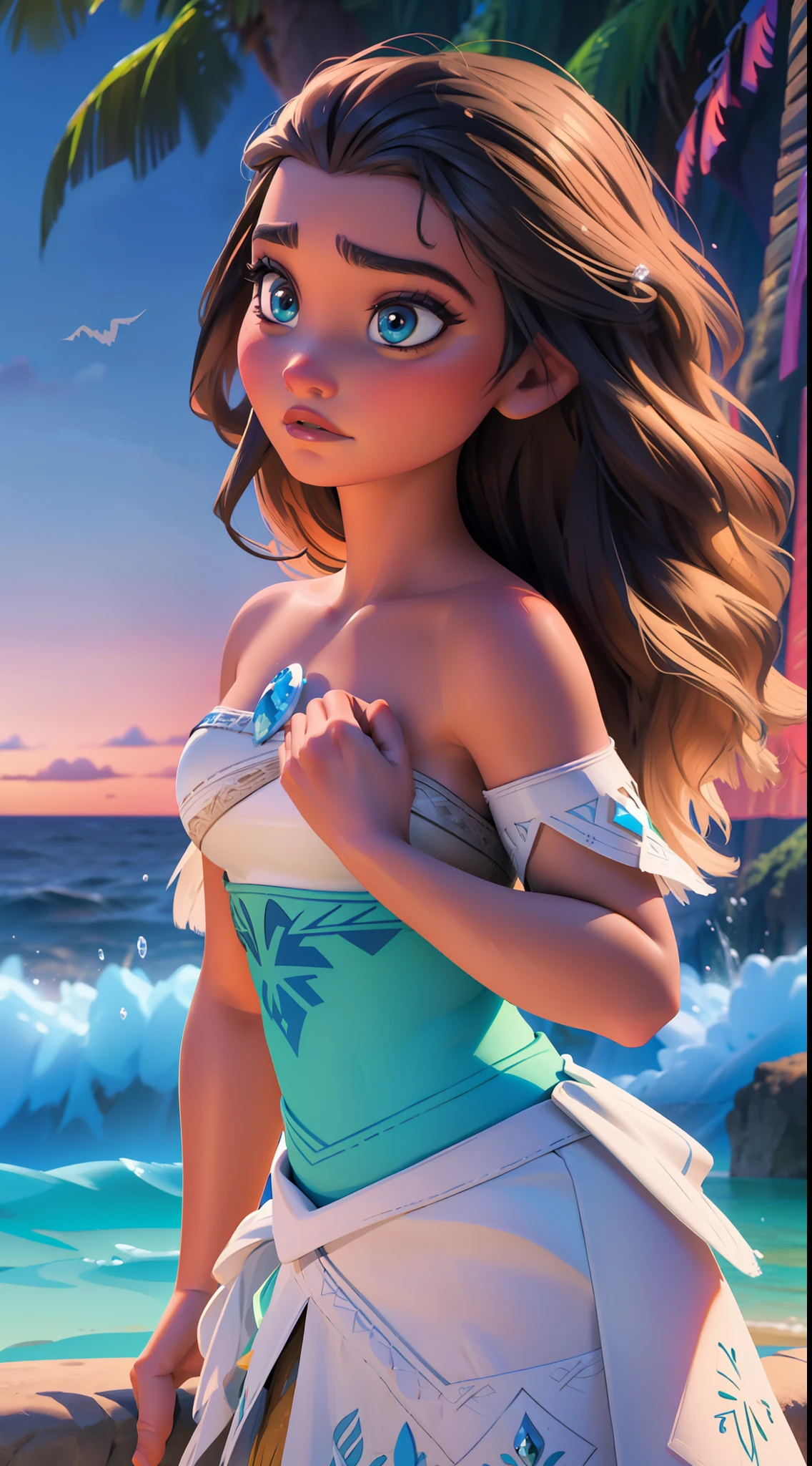 Elsa-Moana Fusion, Mesclando modelos, Roupas da Moana, melting, 1girl, Beautiful, Character, Woman, Female, Praia, (master part:1.2), (melhor qualidade:1.2), (Solo:1.2), ((pose de luta)), ((campo de batalha)), cinemactic, olhos perfeitos, pele perfeita, perfect lighting, sorrir, luz, cor, pele texturizada, detalhe, Beleza, maravilha, ultra-detalhado, rosto perfeito