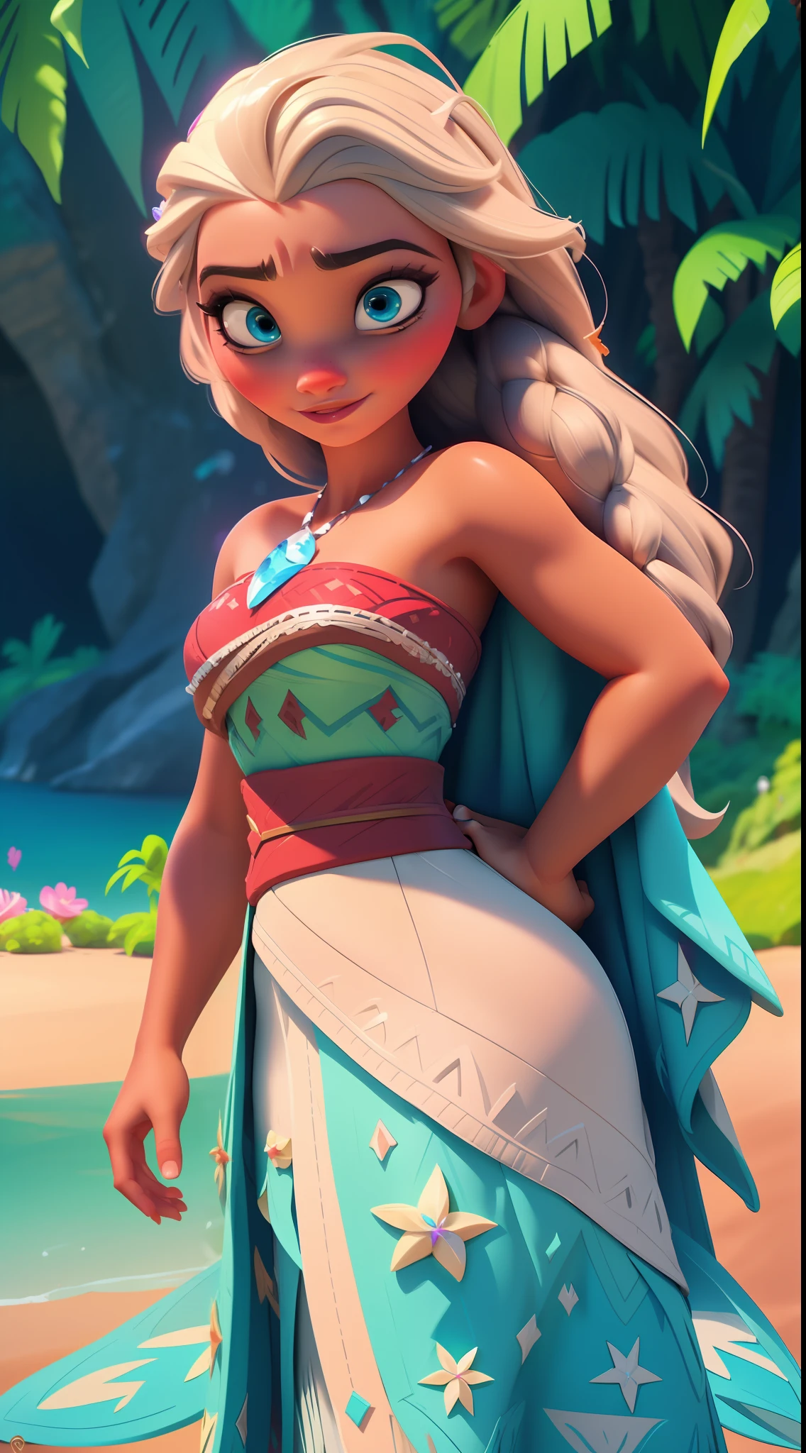 Elsa-Moana Fusion, Mesclando modelos, Roupas da Moana, melting, 1girl, Beautiful, character, Woman, female, praia, (master part:1.2), (melhor qualidade:1.2), (sozinho:1.2), ((pose de luta)), ((campo de batalha)), cinemactic, olhos perfeitos, pele perfeita, perfect lighting, sorrir, luz, cor, pele texturizada, detalhe, Beleza, maravilha, ultra-detalhado, rosto perfeito