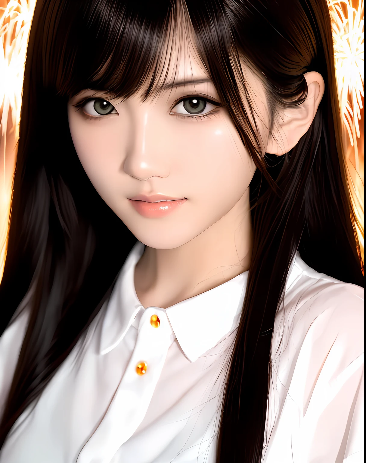 best qualtiy， 1girll， 独奏， Close-up avatar。white short sleeve，exquisitedetails，Perfect details，sideface，White shirt，short detailed hair，largeeyes，Black eyes，Sparkle，edge lit，long eyelasher，Based on physical rendering，adolable，Lateral face，with a round face，ssmile，Close-up portrait of a girl，8K,8K high quality detailed art, Beautiful 2D portrait,firework background，Extremely quality，tmasterpiece，Need，Overlooking Chang'an, Never sleep，Fireworks heads