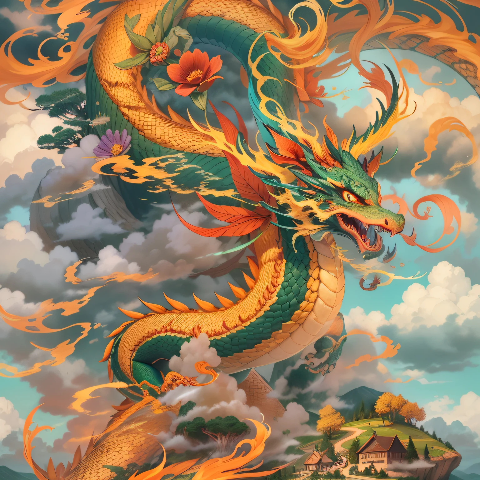 Describe a scenario with a yellow Chinese dragon, cujo corpo tem letras A incorporadas em suas escamas, Flying through the blue sky. The dragon has a long, slender body, com olhos intensos e garras afiadas. Its wings are majestic and its mouth is open in a powerful roar. As the dragon flies, Fluffy white clouds begin to form in their wake, pintadas com cores vibrantes, como rosa, laranja, verde e violeta. The sky around is a clear and radiant blue, No visible clouds at first. The combination of the colorful clouds with the blue sky creates a beautiful and captivating contrast. Ademais, around the dragon and in the scenery of the sky, there are brightly colored flowers and foliage, como vermelho, verde, amarelo, roxo e azul, which add a cheerful and lively atmosphere to the scene. Imagine this scenery with all its beauty and vivacity, and visualize the yellow Chinese dragon with the letter A flying through the skies in this wonderful environment.