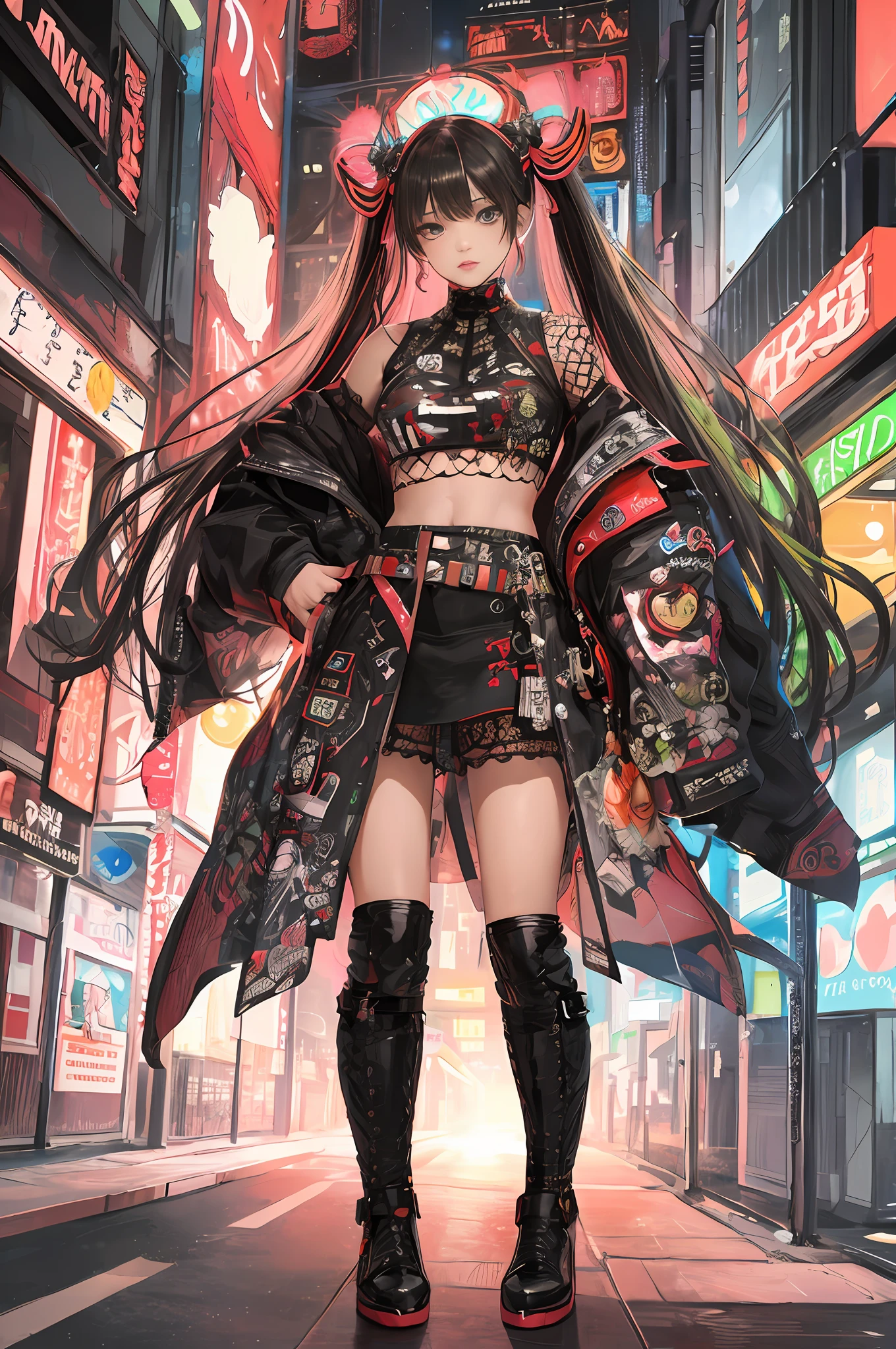 masterpiece, best quality, full body, 1girl, looking at viewer, Confident girl with sassy expression, Harajuku-inspired pop outfit, bold colors and patterns, eye-catching accessories, trendy and innovative hairstyle, vibrant makeup, futuristic and dazzling cyberpunk cityscape, skyscrapers, neon signs, LED lights, bright and vivid color scheme, anime, illustration, detailed skin texture, detailed cloth texture, beautiful detailed face, intricate details, ultra detailed.